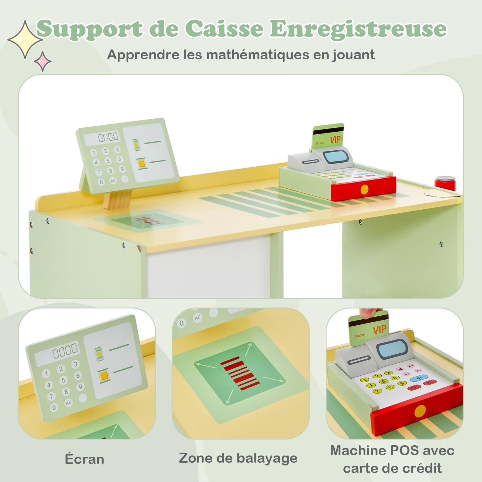 GOPLUS Supermarché Enfant – Caisse Enregistreuse Avec Tapis Roulant, Chariot, 39 Accessoires, LED Changeantes, Stand En Bois, Dès 3 Ans