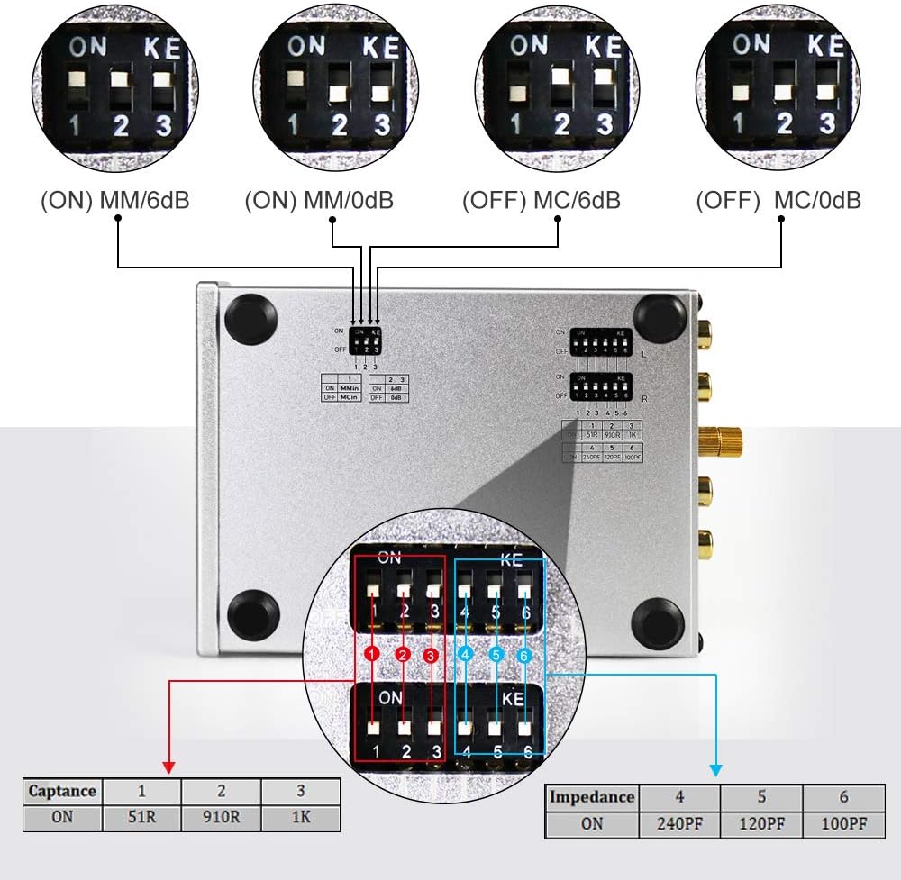 Close-up of the bottom panel of the Box 02 Phono Preamplifier showing DIP switches for MM/MC, gain, capacitance, and impedance settings.