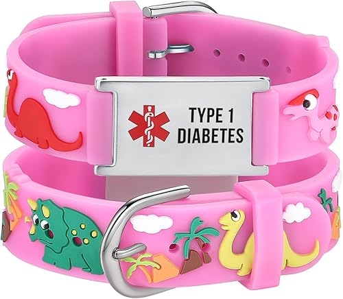 LinnaLove Pulseras de alerta médica, pulseras de identificación de emergencia con diabetes tipo 1 grabada (dinosaurio rosa)