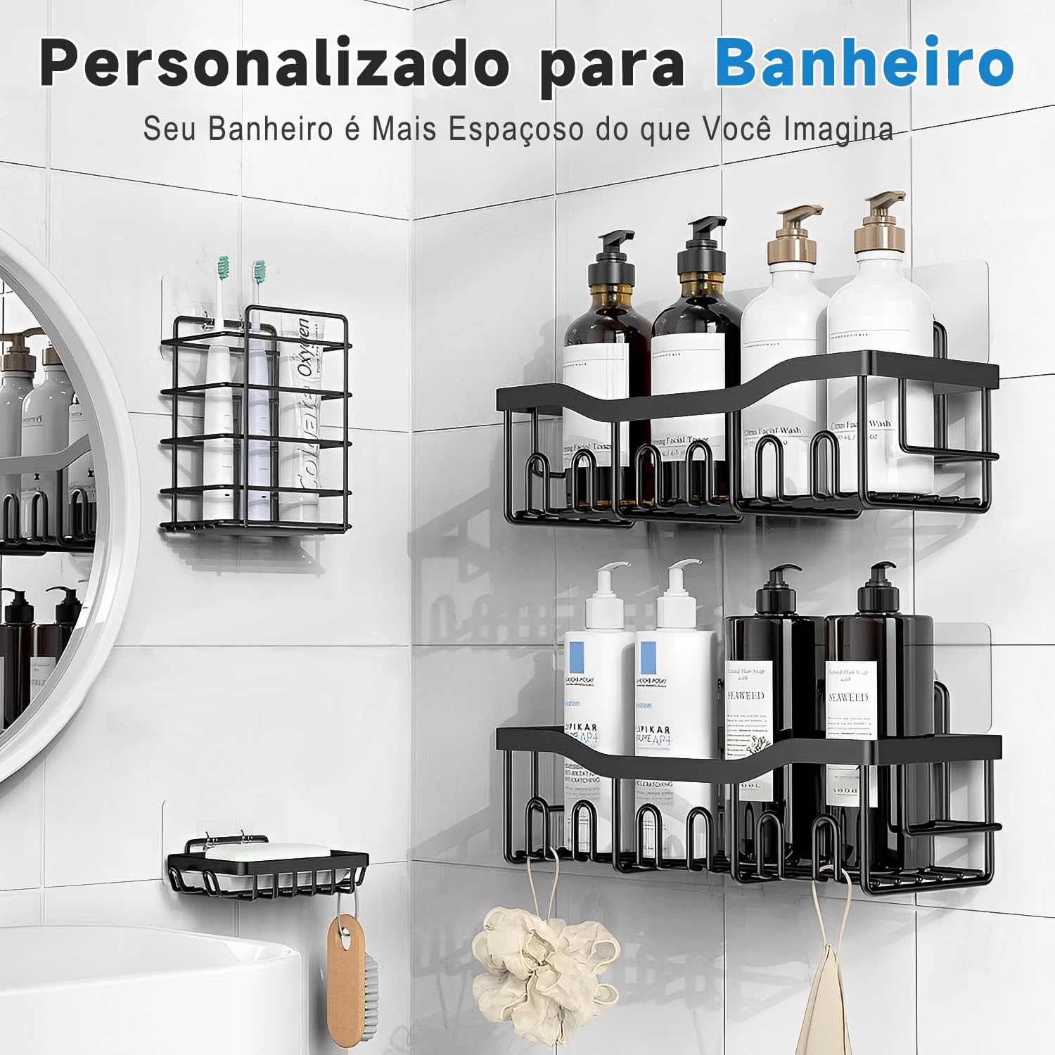 Kit com 4 Prateleiras para Banheiro Sem Furo, Aço Inoxidável Antiferrugem, Nicho Adesivo, Organizador de Box, Suporte para Shampoo e Condicionador, Capacidade 18kg, Resistente à Umidade, para Chuveiro Kit com 4 Prateleiras para Banheiro Sem Furo, Aço Inoxidável Antiferrugem, Nicho Adesivo, Organizador de Box, Suporte para Shampoo e Condicionador, Capacidade 18kg, Resistente à Umidade, para Chuveiro