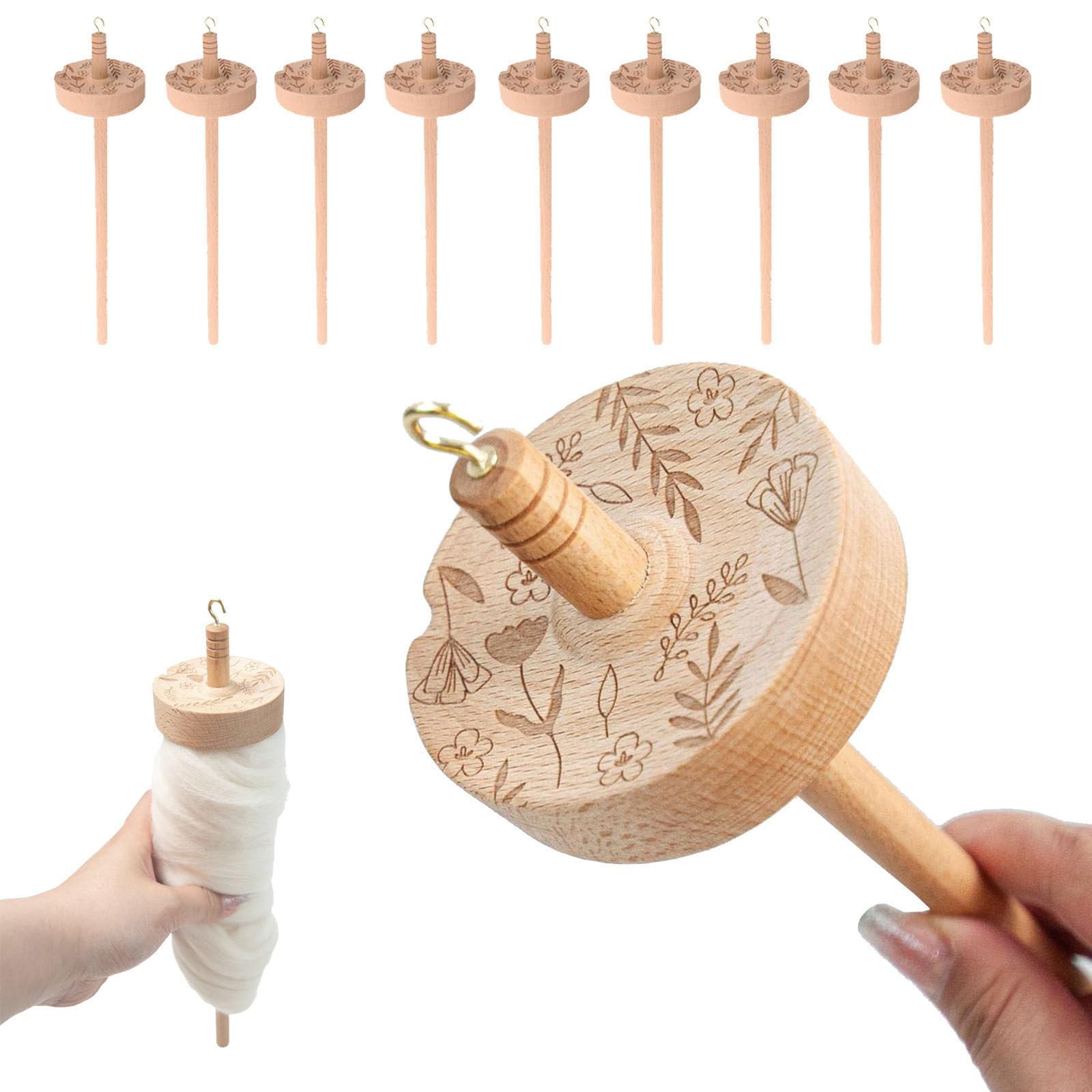 Wasd3Pods 10Pcs Drop Spindle Top Whorl Yarn Spinner In Wooden, For Crocheting Spin Spinning Wheel - Yarn Making Hand Carved Wooden Spindle Tool Gift For Beginners