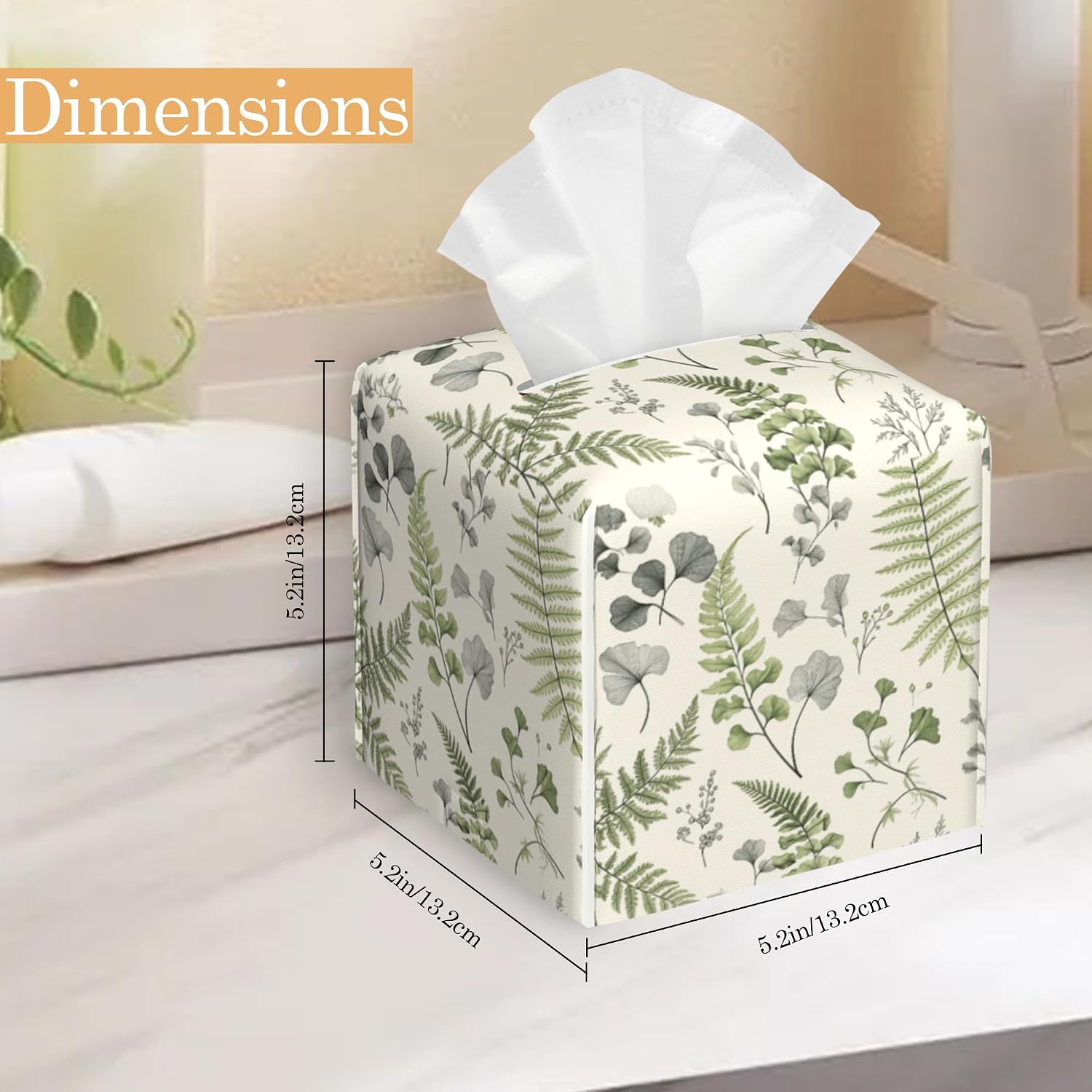 Tissue Box Cover,Green Leaves Fern Leather Tissue Holder Organizer Portable Square Decorative Facial Paper Case for Home Office Bathroom Vanity Countertop
