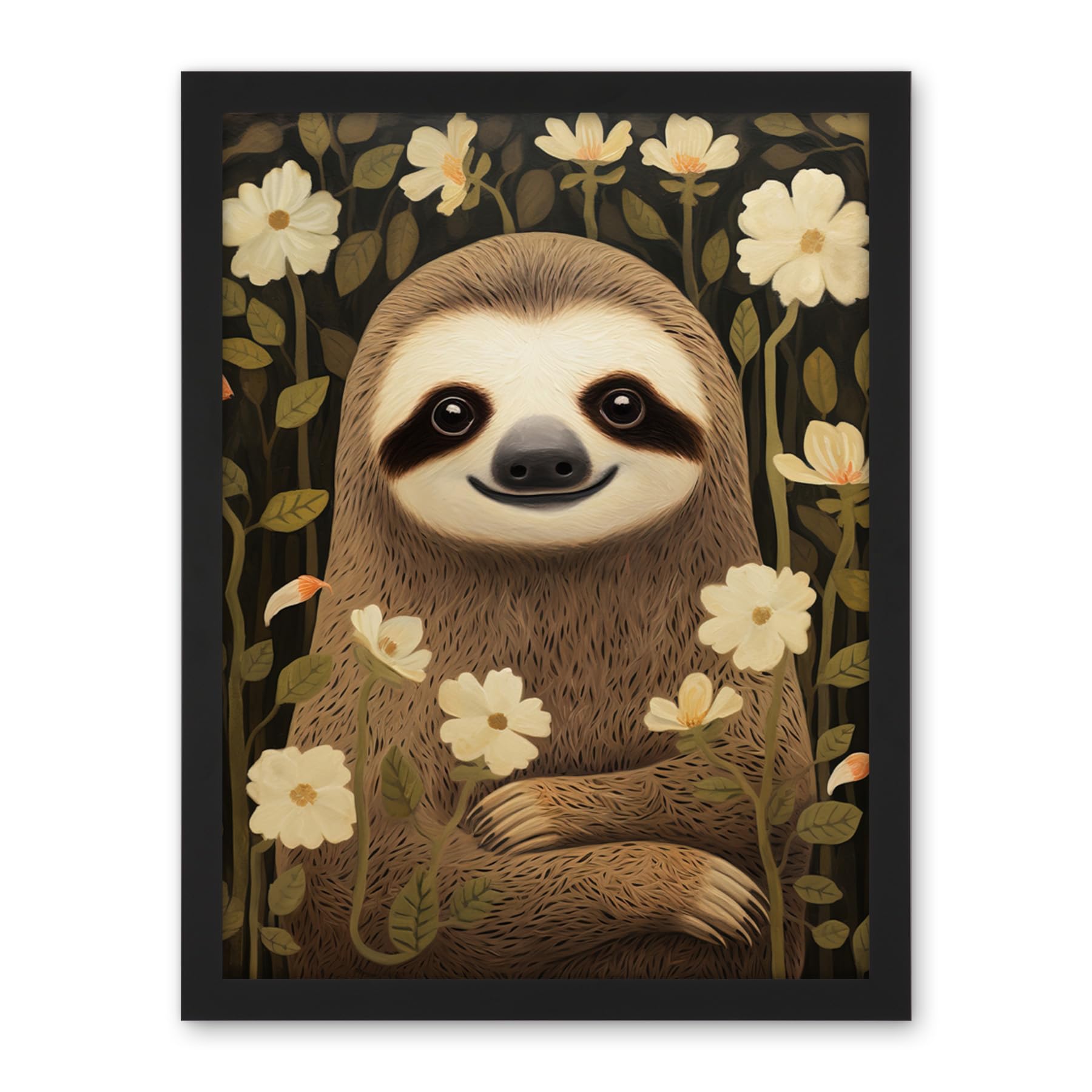 Artery8 Sloth with Jasmine and Anemone Flowers Elegant Artwork Framed Wall Art Print 18X24 Inch