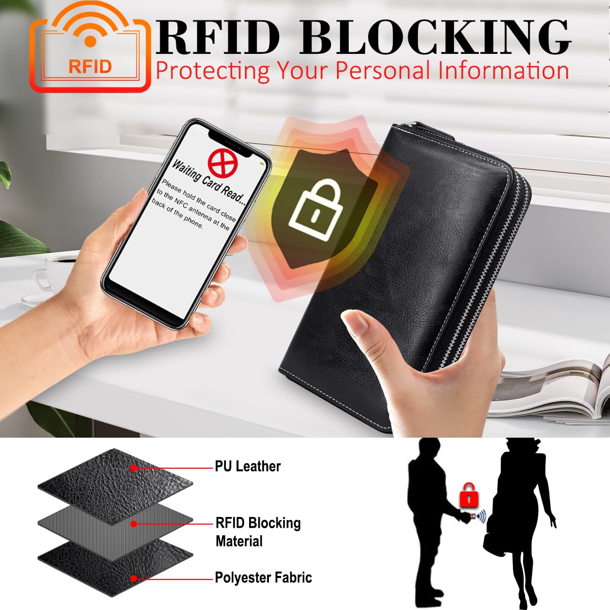 HNOOM Portafoglio Donna in Pelle PU Grande Capacità con Cerniera, Bloccaggio RFID, Elegante Portamonete con 14 Scomparti per Carte (Nero)