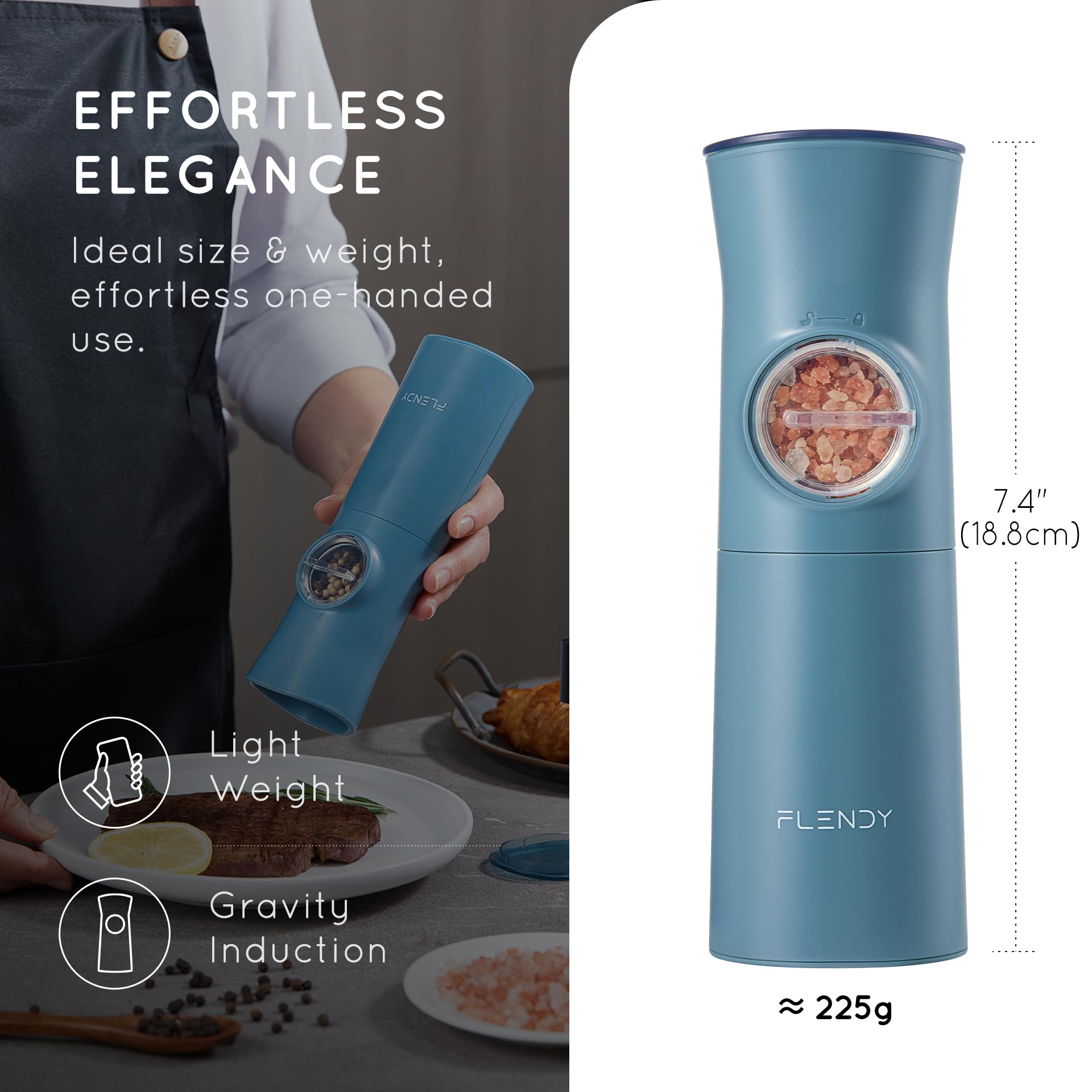 Flendy Schwerkraft elektrische Salz und Pfeffermühle Set, 2er-Set Wiederaufladbare elektrische Salz und Pfefferstreuer mit USB-C Ladestation, Gewürzmühle elektrisch für trockene Gewürze