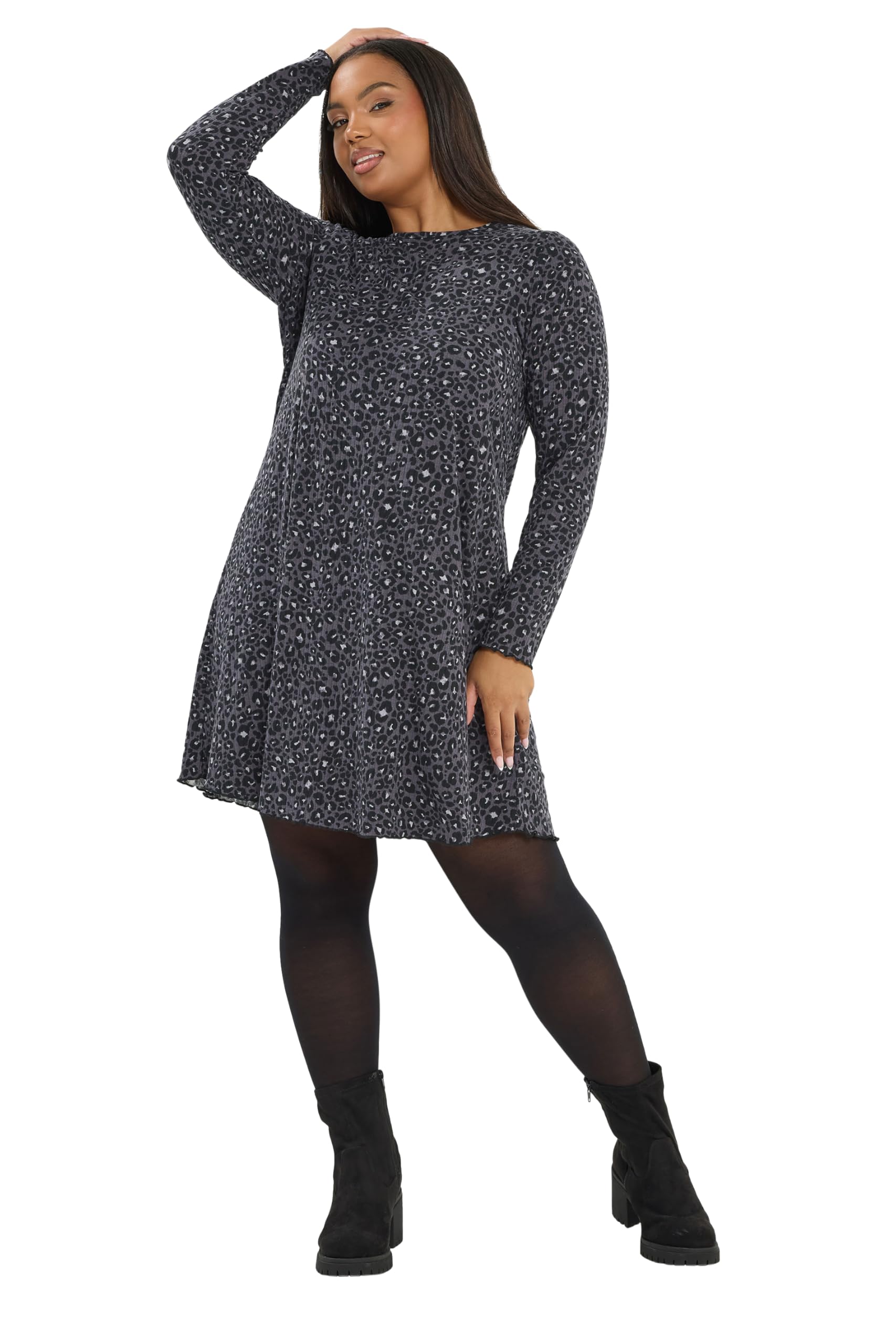 Yours Curve Leopard Print Ribbed Tunic Dress - Women's - Plus Size Curve Grey