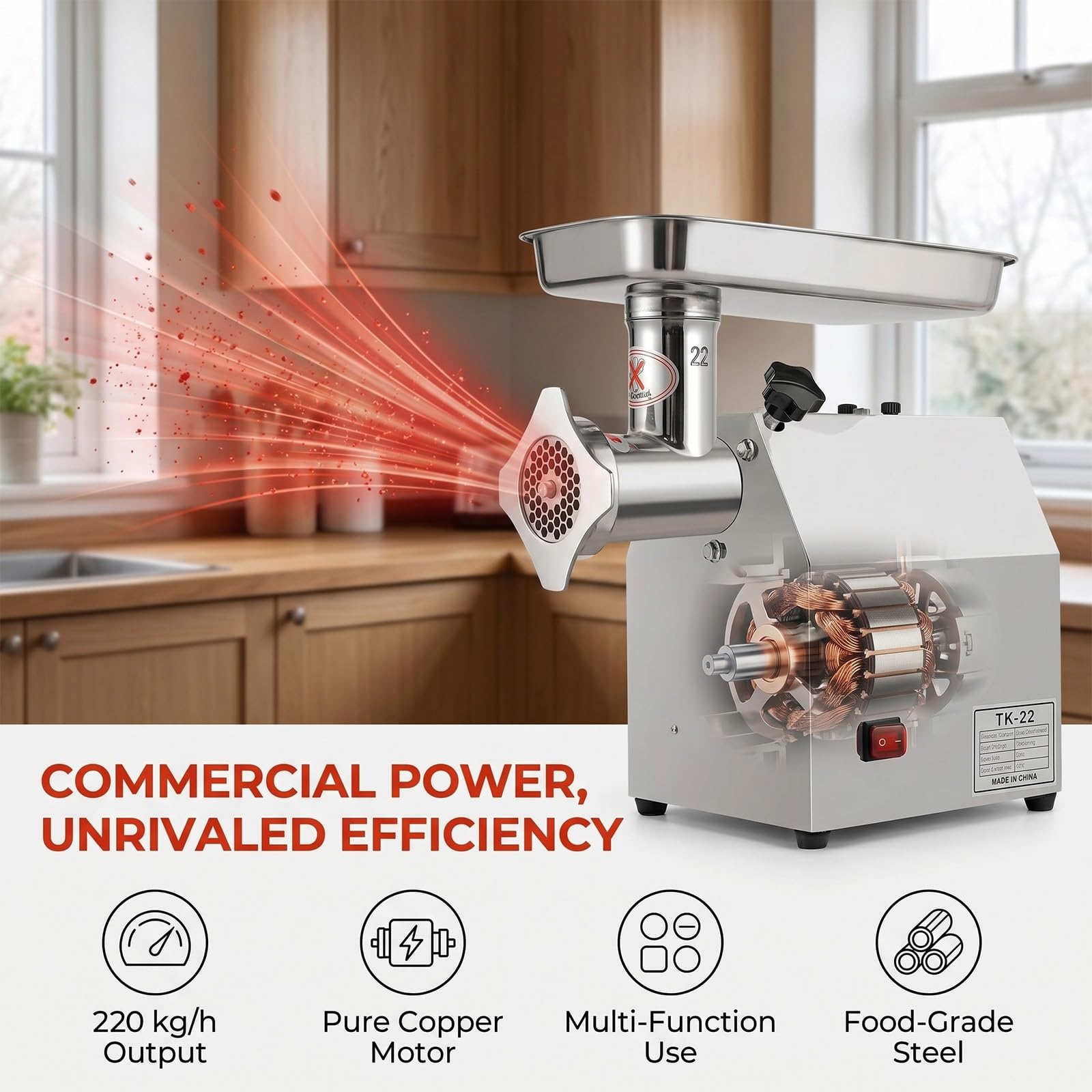 Molinillo de carne eléctrico comercial – Picadora de alimentos de acero inoxidable de 220 kg/h con relleno de salchichas y dos placas de molienda, motor de cobre resistente para uso en cocina y
