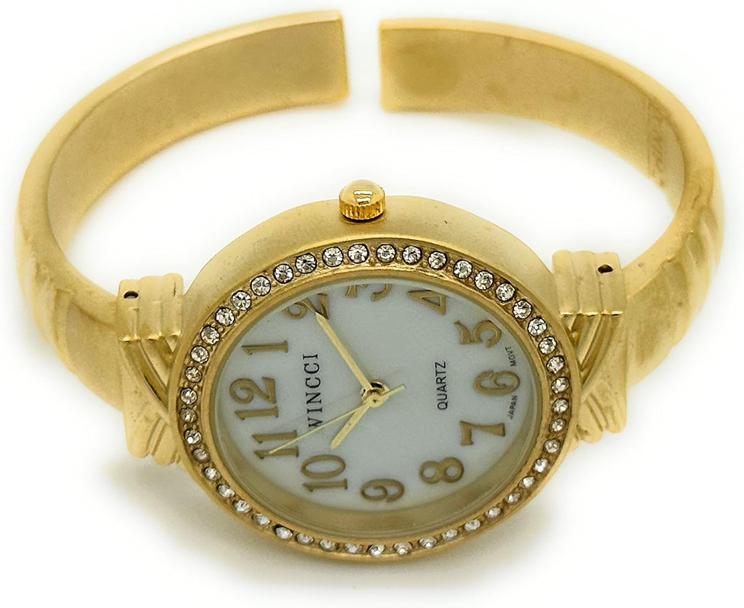 Ladies Mother of Pearl Dial Metal Bangle Cuff Fashion Analog Quartz Watch with Rhinestones
