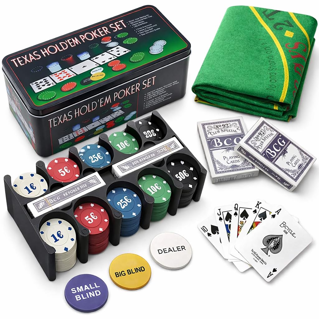 EUROXANTY Jeu de Poker | Kit avec Cartes, Jetons, Boutons, et Tapis pour Blackjack, Poker, Manille Jeux de Société