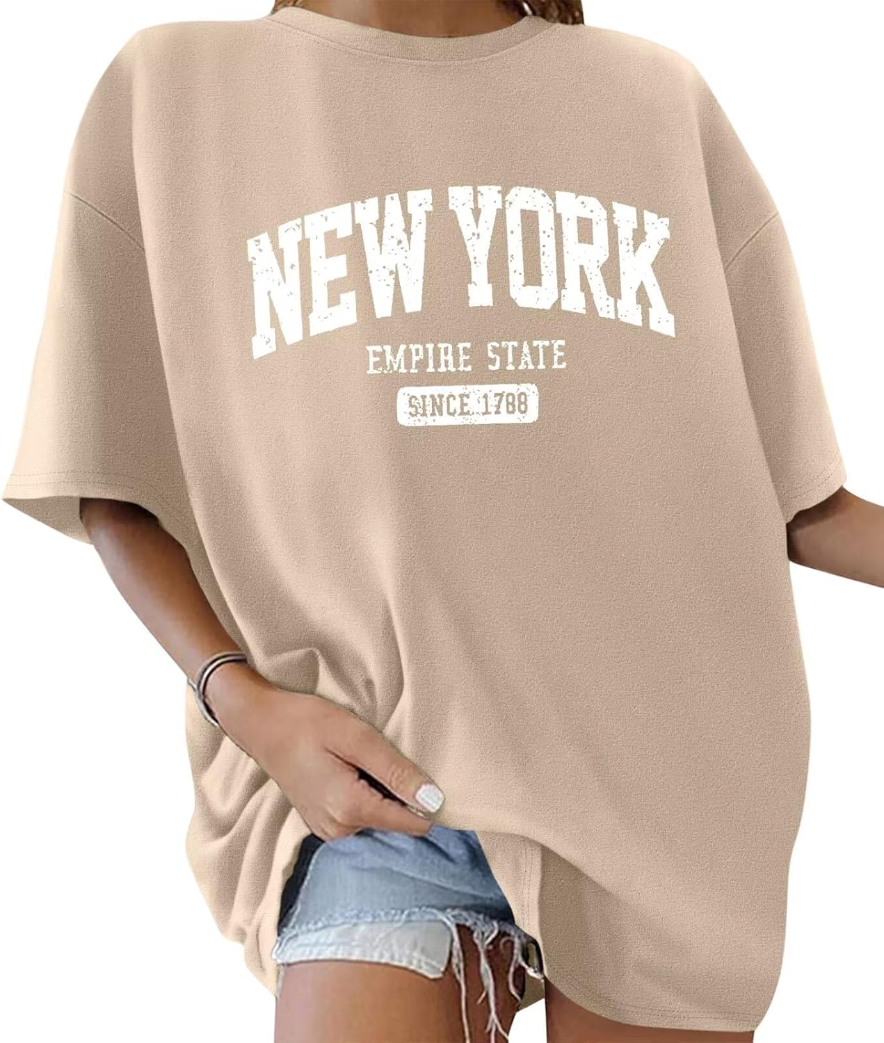 ORANDESIGNE Women’s Oversized Graphic Print Short Sleeve Tunic Tops Crew Neck Casual Drop Shoulder T Shirts