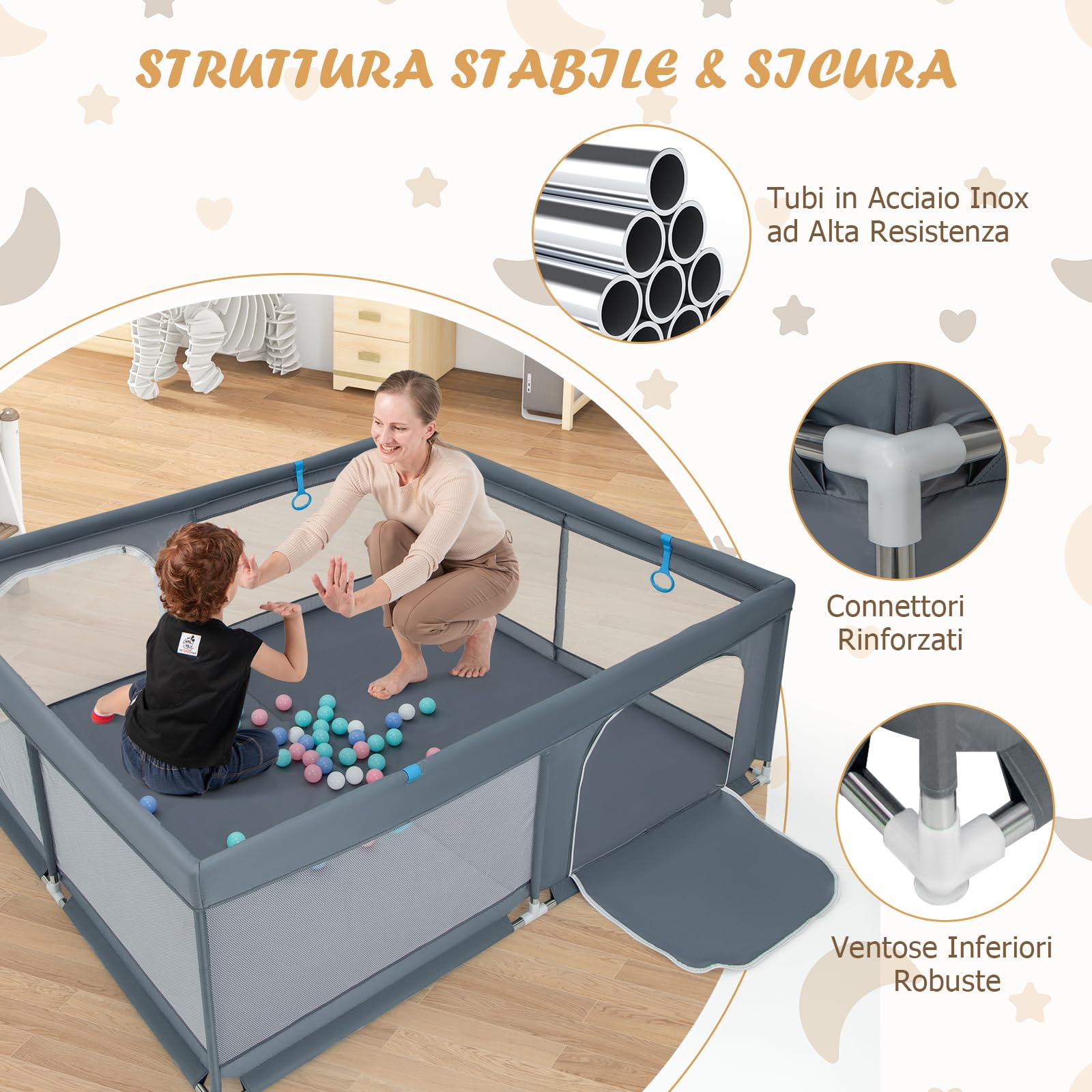 GYMAX 200 x 180 CM Recinto da Gioco per Bambini, Box per Bambini con Rete Traspirante, 50 Palline dell'Oceano e Anelli, Centro Attività con Borsa di Stoccaggio per 0-3 Anni, Blu/Verde/Grigio (Grigio)