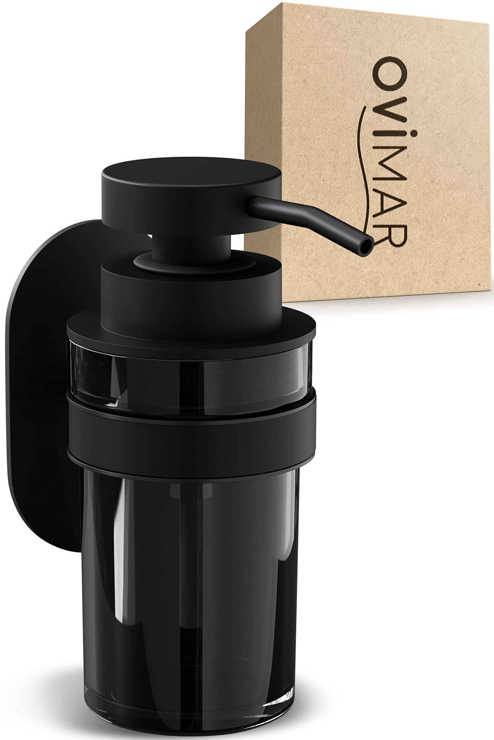 ovimar dispenser di sapone Lokta | nero | con montaggio a parete senza foratura | in acciaio inox e moderno vetro nero | con apertura extra large, facile da riempire | per il bagno o la cucina