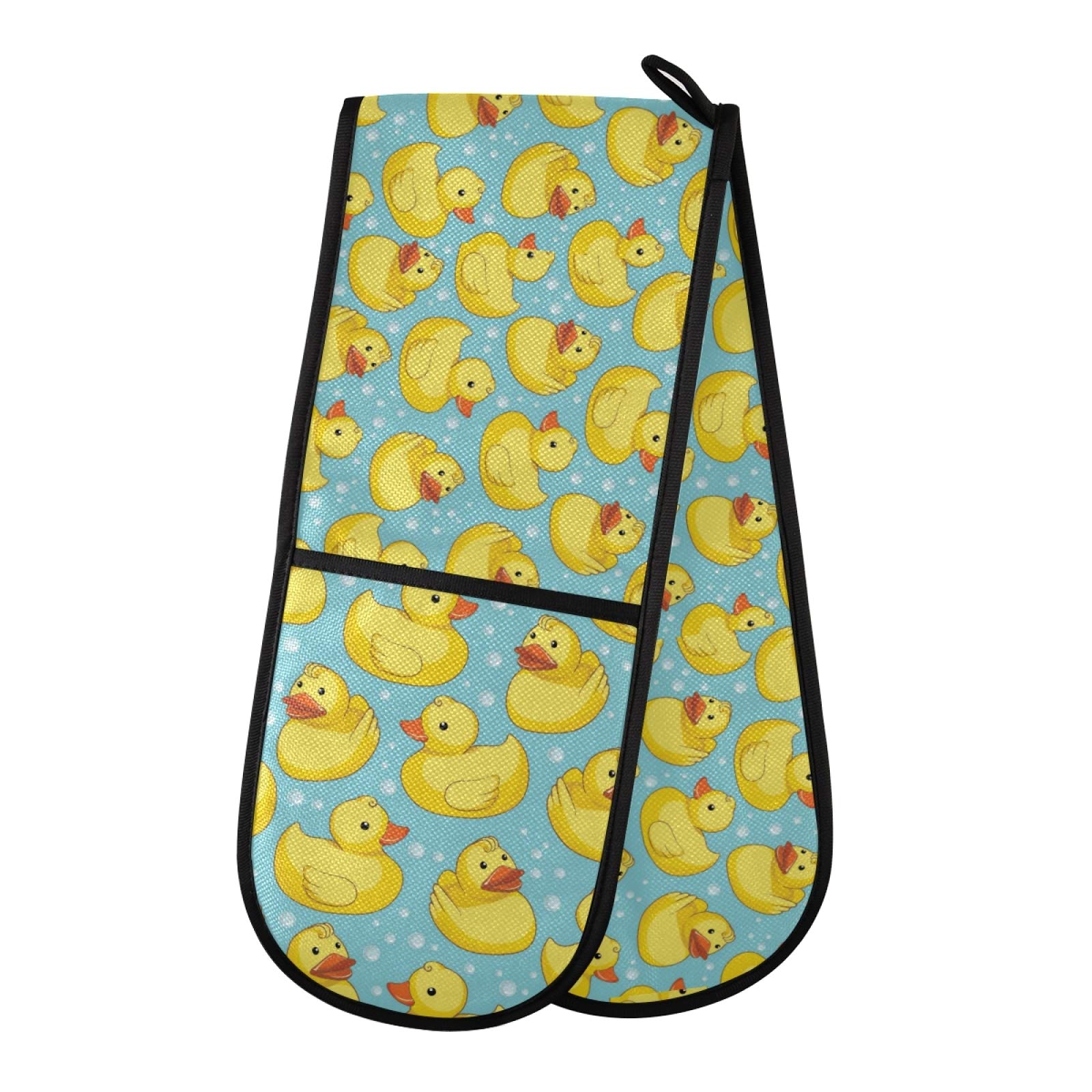 PUXUQU Oven Gloves Double Oven Mitts Gloves, Cute Yellow Duck Heat Resistant Oven Gloves for Baking BBQ Kitchen Cooking Gloves