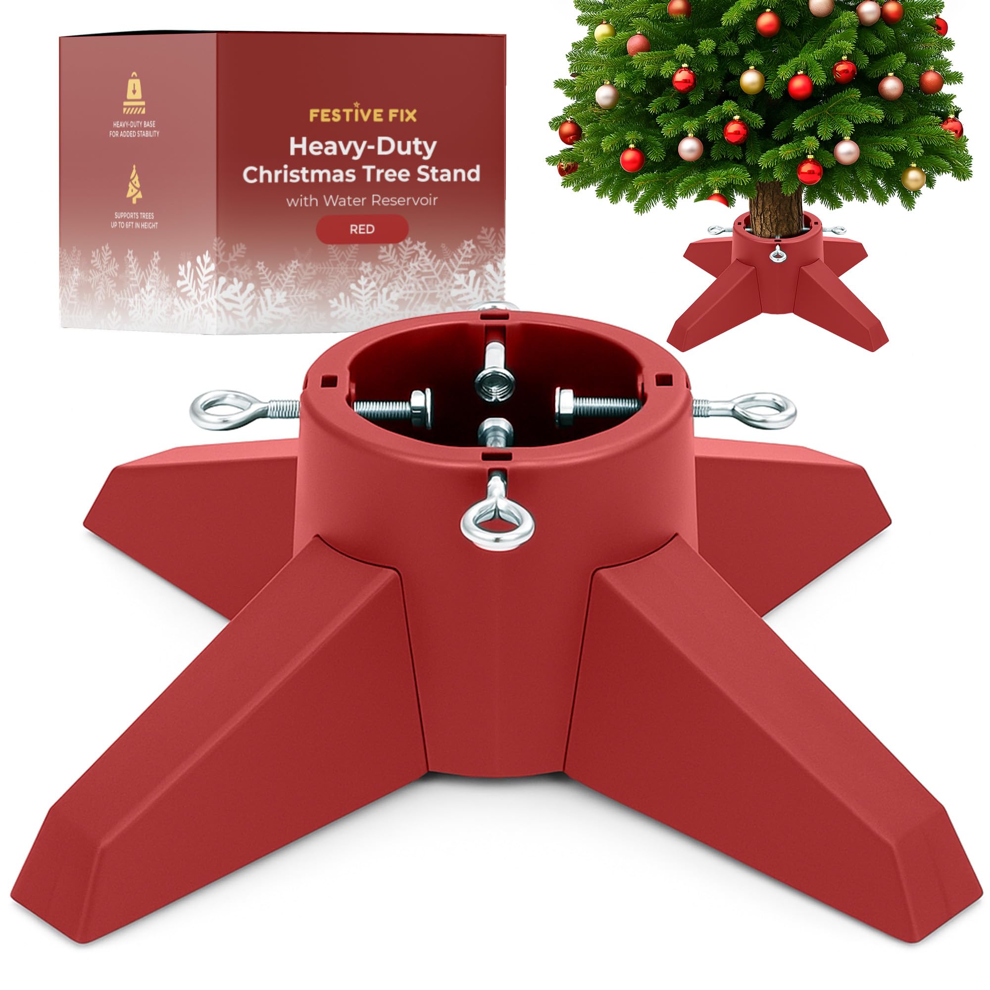 Festive Fix Christmas Tree Stand – Heavy-Duty 6ft Holder with Water Reservoir, Stable Base for Real Trees, Quick Assembly with Metal Bolts