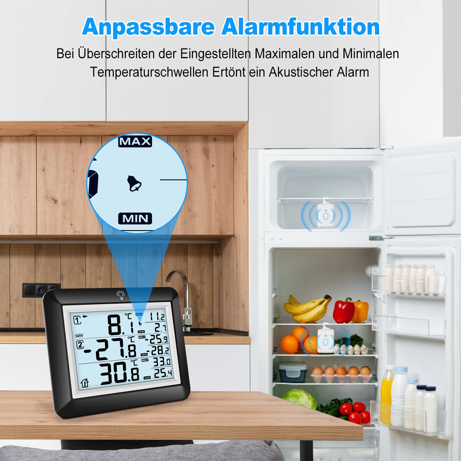 Urageuxy Thermometre Congelateur avec Alarme, Thermomètre de Frigo Congelateur, Prtée 100M, Rétroéclairage, Mesure de -40°C à 60°C, Valeurs Max/Min, Pour Famille et Restaurant