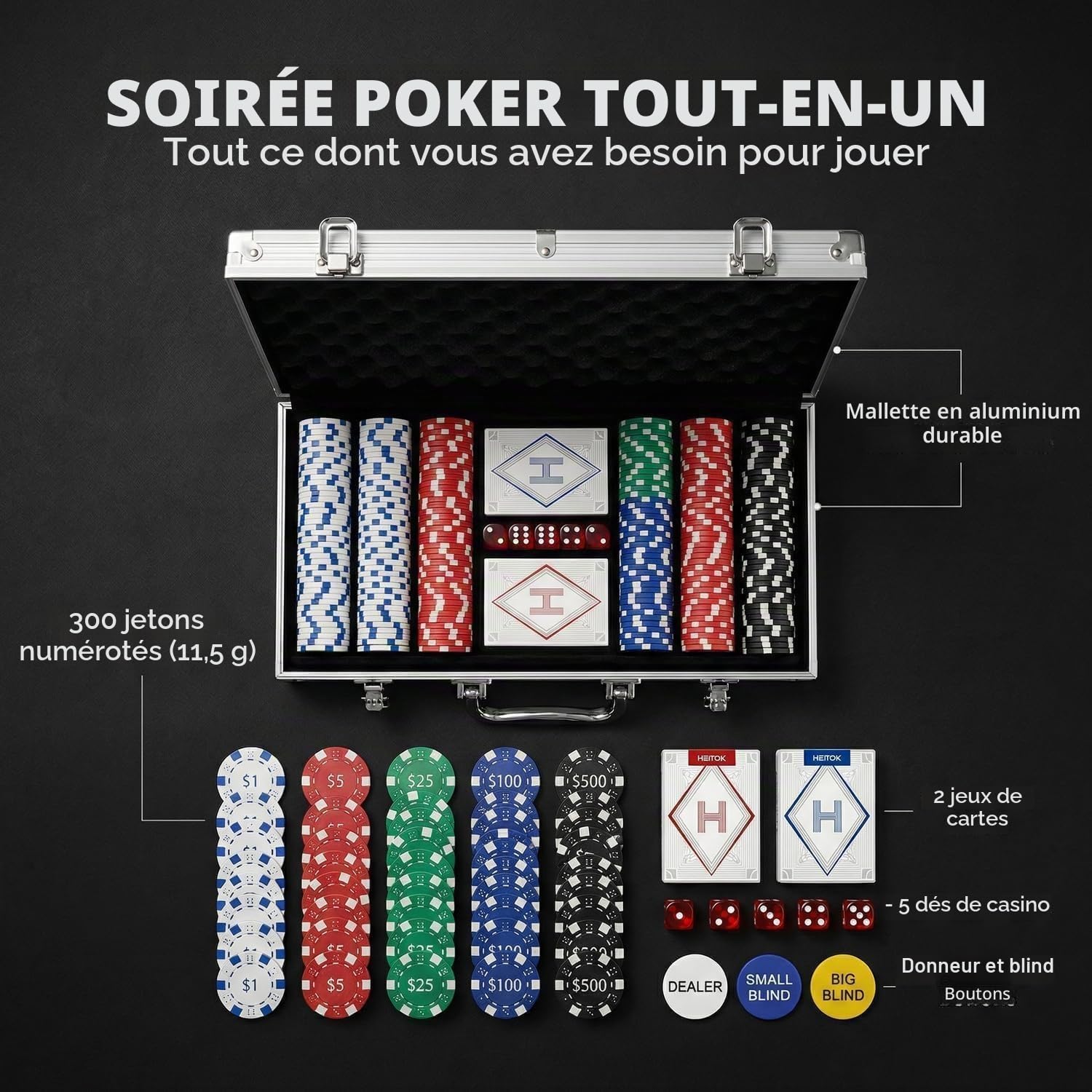 HEITOK Mallette de Poker Professionnelle 300 Jetons Numérotés 11.5g avec Coffret Aluminium Renforcé – Set Complet Texas Hold'em Blackjack Cartes Dés Boutons pour Soirées Adultes