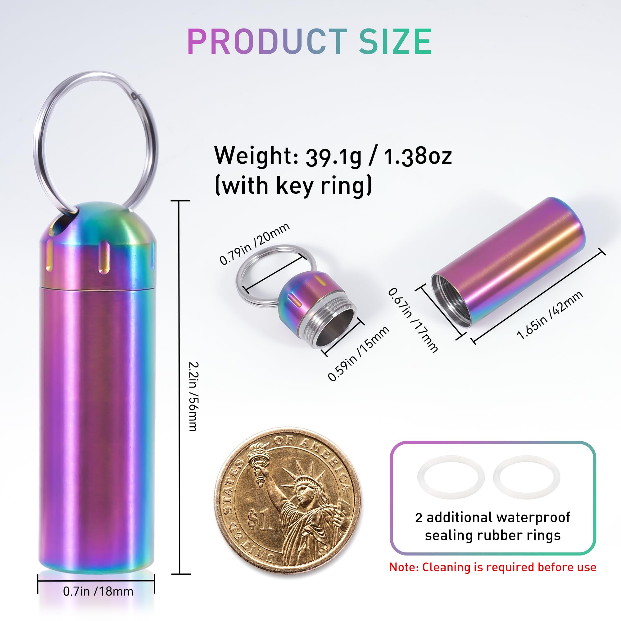VTAR Llavero pastillero de acero inoxidable, paquete de 2 pastilleros de metal de emergencia | Pastillero impermeable para nitro, vitaminas, auriculares, Twist Top, mini para viajes, EDC, al aire libre, color arcoíris