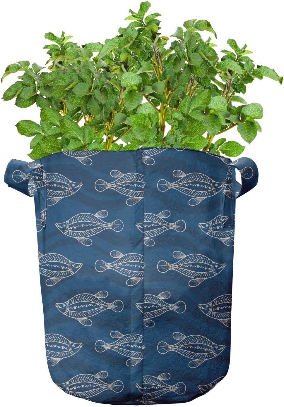 Ambesonne Nature Grow Bags 5-Pack, Wave Pattern and Fish Motifs, Heavyduty Fabric Pots with Handles for Plants, 7 Gallon, Dark Sky Blue and Ivory