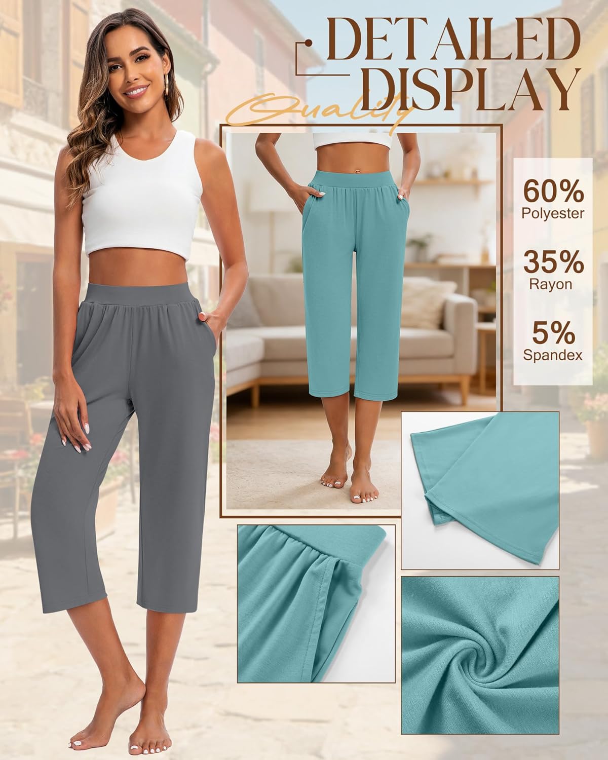 Huukeay 3 Pack Women's Capri Sweatpants, Cozy Wide Legs Cropped Capri with Pockets, Lounge Jogger Pants Workout Yoga Solid - Image 5