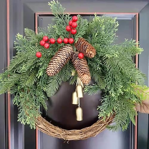 Miniatura 4 de Corona de Navidad de granja, corona de campana dorada artificial, anillo de pino hecho a mano, corona de vid, decoración de Navidad, corona de ratán