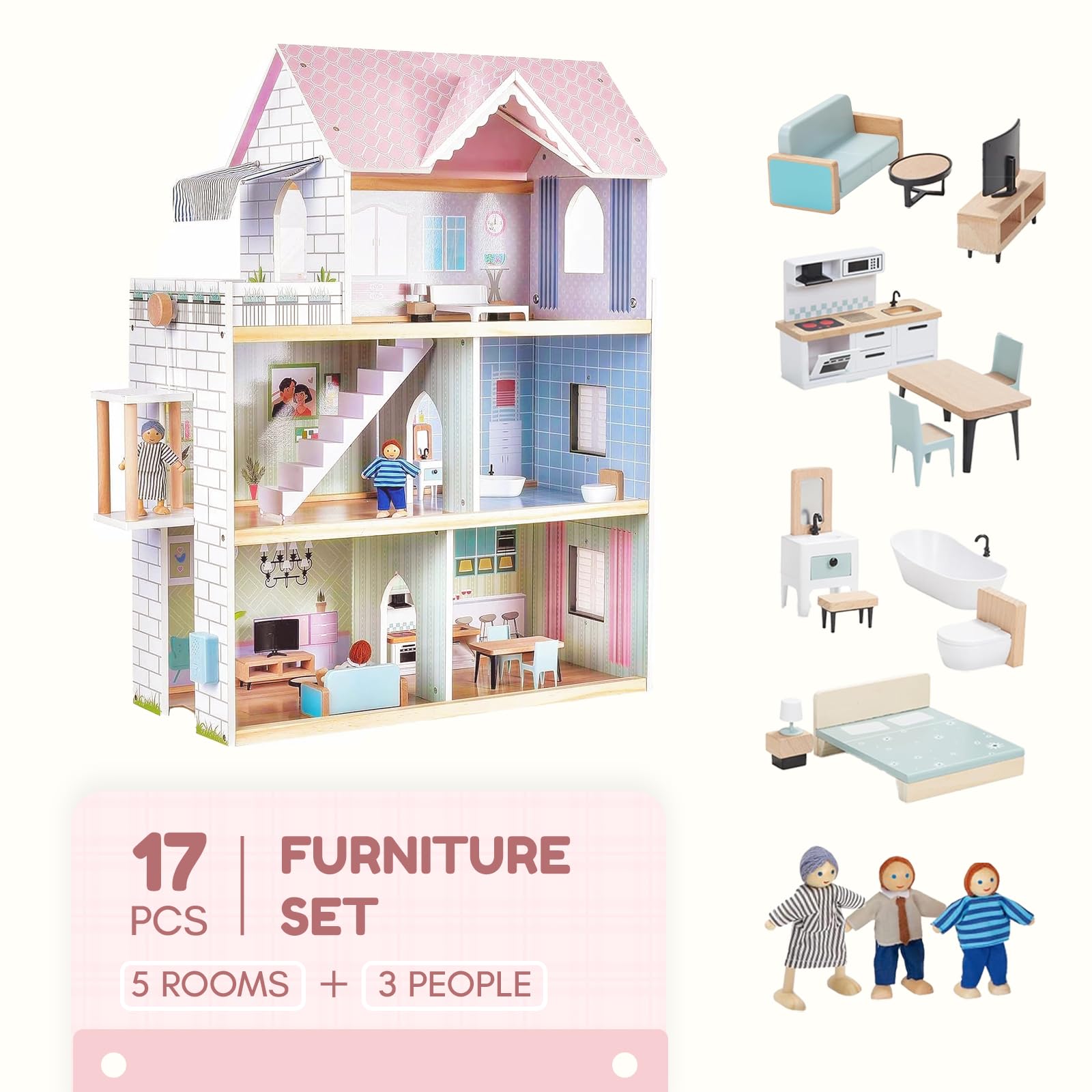 Giant bean Puppenhaus Holz, 80 cm Hoch, mit Aufzug, Türklingel, Licht, 17 Möbelstücken und 3 Puppen, Spielzeuggeschenk für Mädchen im Alter von 3+ Jahre (pink)