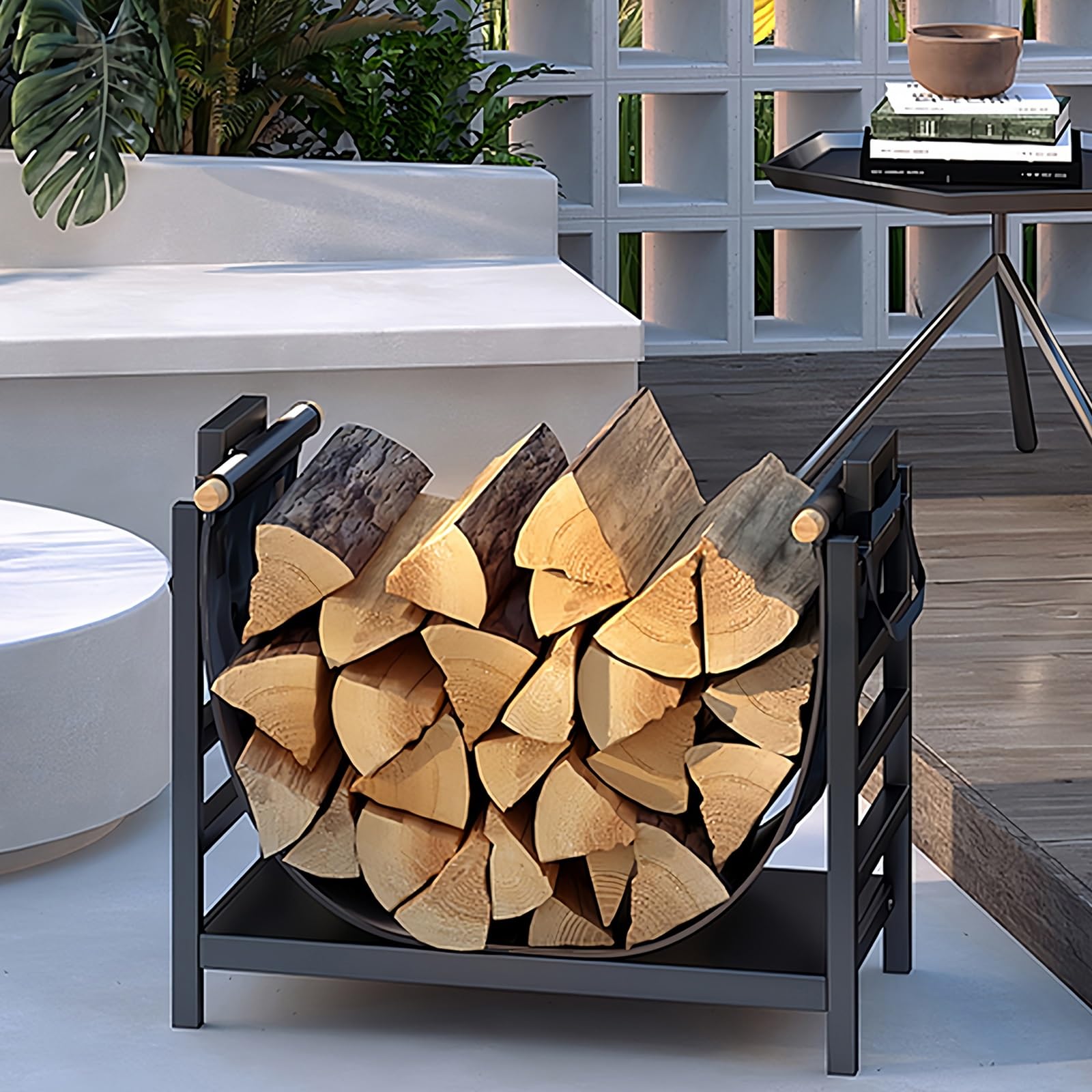 Leñero de Metal Leñeras de Interior y Exterior, Soporte para Leña de Chimenea, con Transportador de Leña y Asas, para Patios y Terrazas