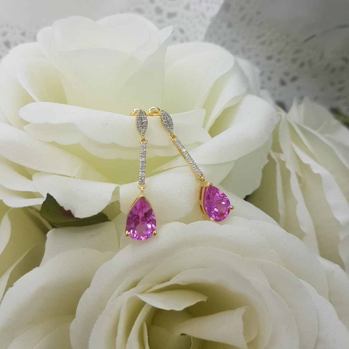 Dazzlingrock Collection 10X7mm Each Pear Lab Created Gemstone & Round Natural Diamond Women Teardrop Dangling Drop Earrings, 10K Yellow Real Solid Gold