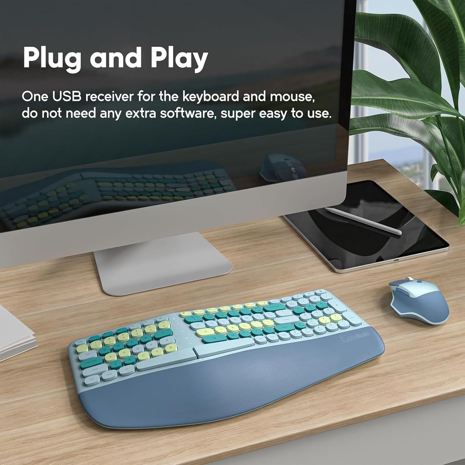 Wireless Ergonomic Keyboard and Mouse Combo with PU Wrist Rest, Carpal Tunnel Keyboard, 2.4G Colorful Split Ergo Keyboard, Comfortable Natural Typing, Compatible with PC/Laptop (Blue)