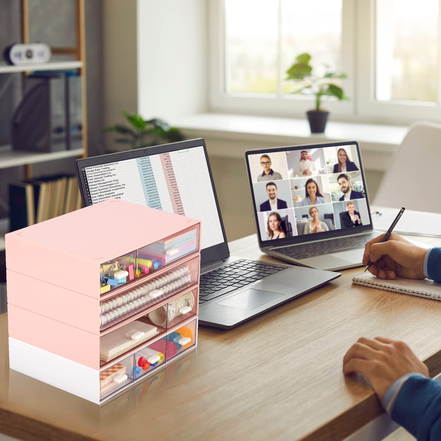 UNMOONY 4 Pack Plastic Desk Organizer With Drawers Stackable Desktop Storage Box 8 Drawers Desktop Drawers Organizer For Home Cosmetics Office Stationery (Pink White)