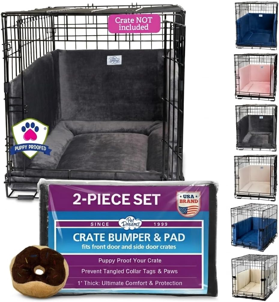 Pet Dreams New Bundle - Dog Crate Bumper & Mat with Bonus Donut Toy - Patented Comfy Liner & Dog Tail Protector for Inside Crate, fits iCrate Cages 18, 24, 30, 36, 42, 48 Inches (Grey, X-Large, 42“)