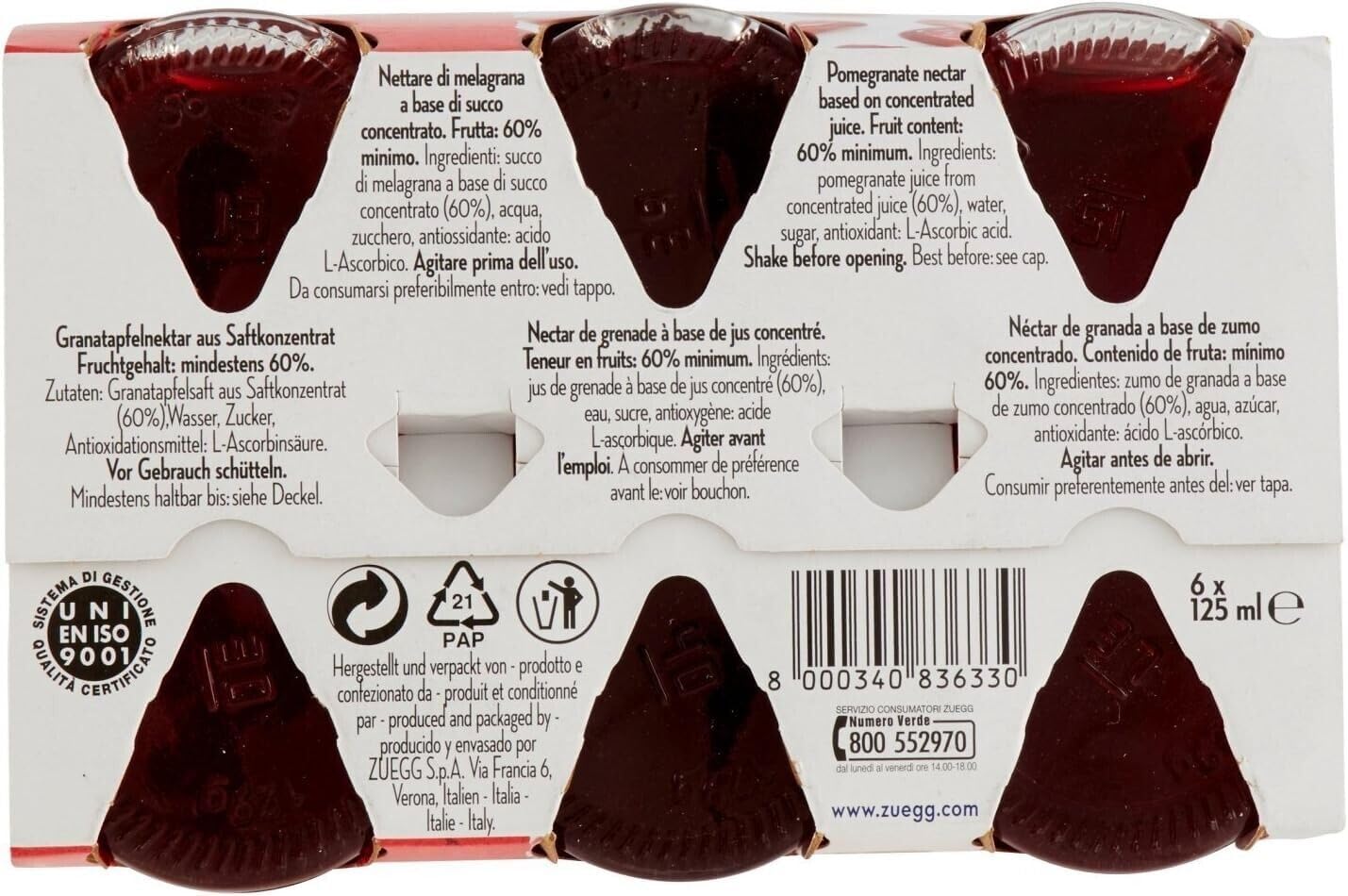 Zuegg Nettare di Melograno, Granatapfelnektar,Granatapfel Fruchtsaft, Erfrischendes alkoholfreies Getränk, 48x 125ml Einweg-Glasflasche + Italian Gourmet polpa 400g