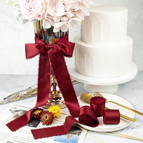 Vista 6 de Burgundy Dark Red Silk Ribbon 1-1/2 Inch x 21Yds Handmade Fringe Silky Chiffon Frayed Fabric Ribbon for Gift Wrapping, Flower Bouquet, Wedding