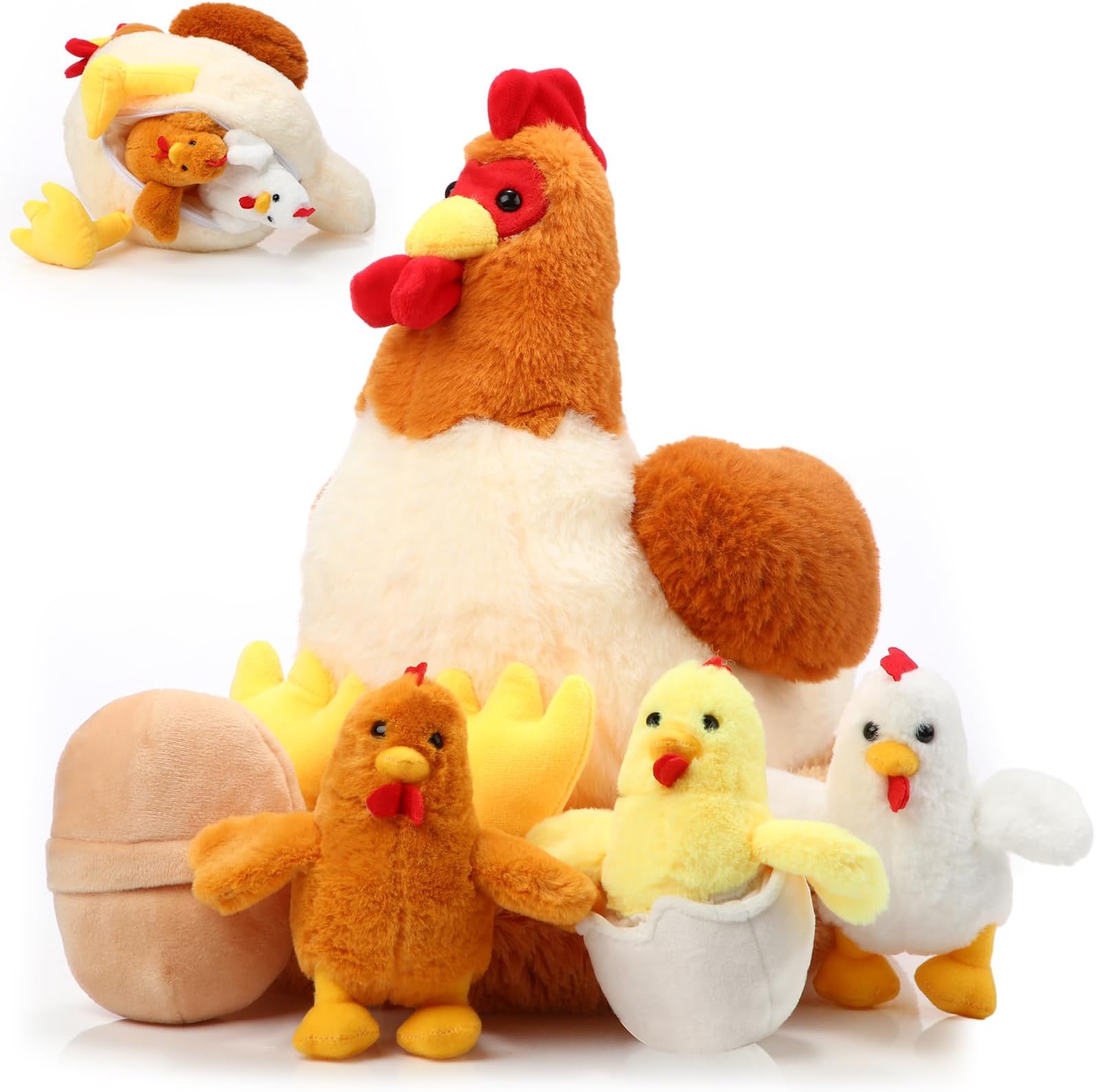 Skylety 6 Pcs Chicken Stuffed Animal with Baby Chicks Inside Chicken Plush Toy for Kids Stuffed Animal Egg Laying Hen with Zippered Belly Farm Plushie for Birthday Gift(Cute Style)