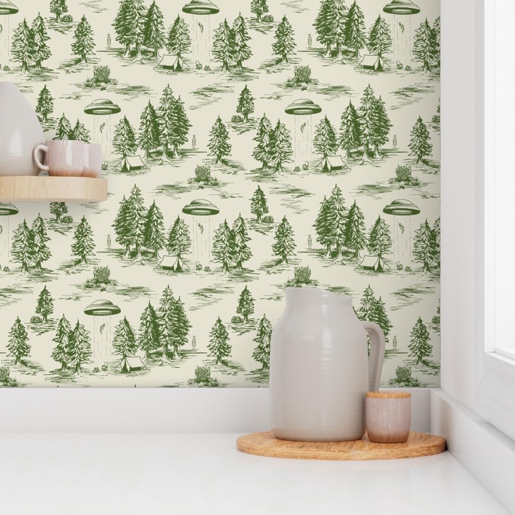 Spoonflower Peel & Stick Wallpaper 3ft x 2ft - Small Scale Green Toile De Pattern Whimsical Funny Custom Removable Wallpaper