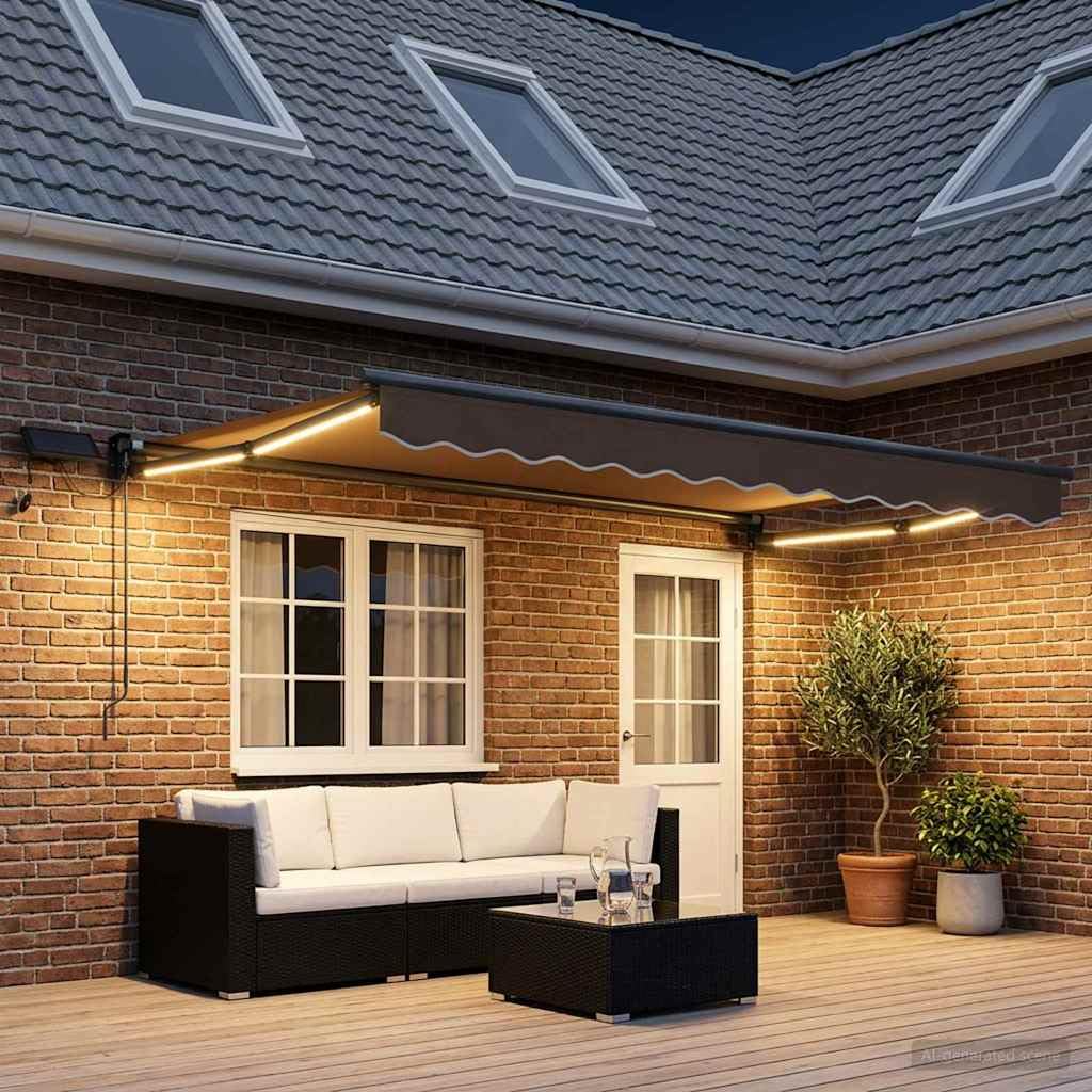 Toldo manual con brazos articulados con LED, color gris topo