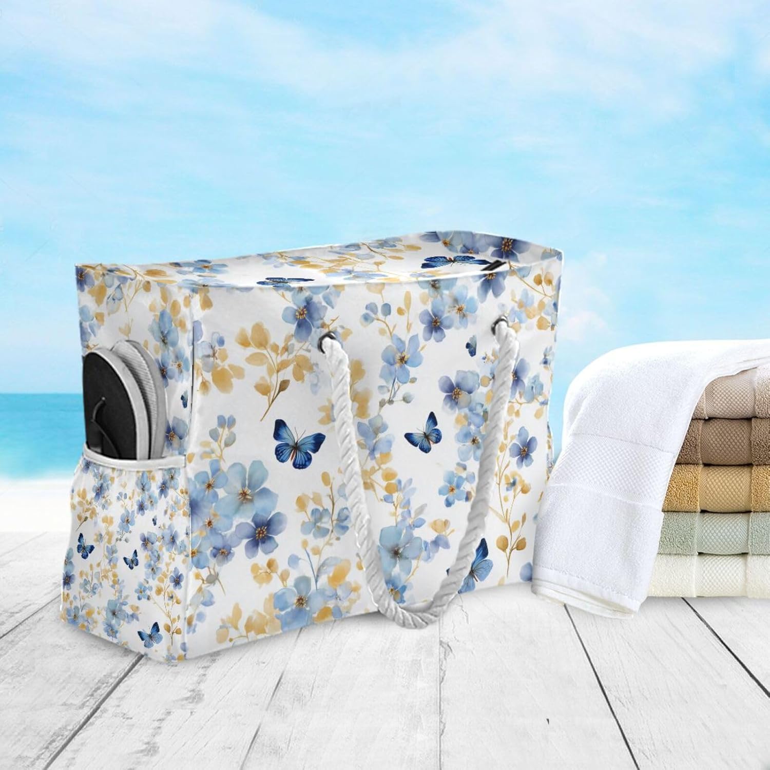 OTVEE Watercolor Flowers and Butterfly Patterns Beach Bags for Women Ladies Large Canvas Tote Shoulder Bag Waterproof Travel Bags for Gym Swim Pool Camping