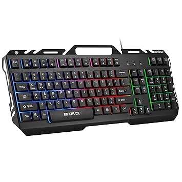 ENHANCE Infiltrate KL2 Membrane Gaming Keyboard - Quiet Keyboard with 3 Multi Color LED Lighting Modes, Turbo Input Mode, Anti-Ghosting, 19 Key Roll Over, Slim Low Profile Metal Design