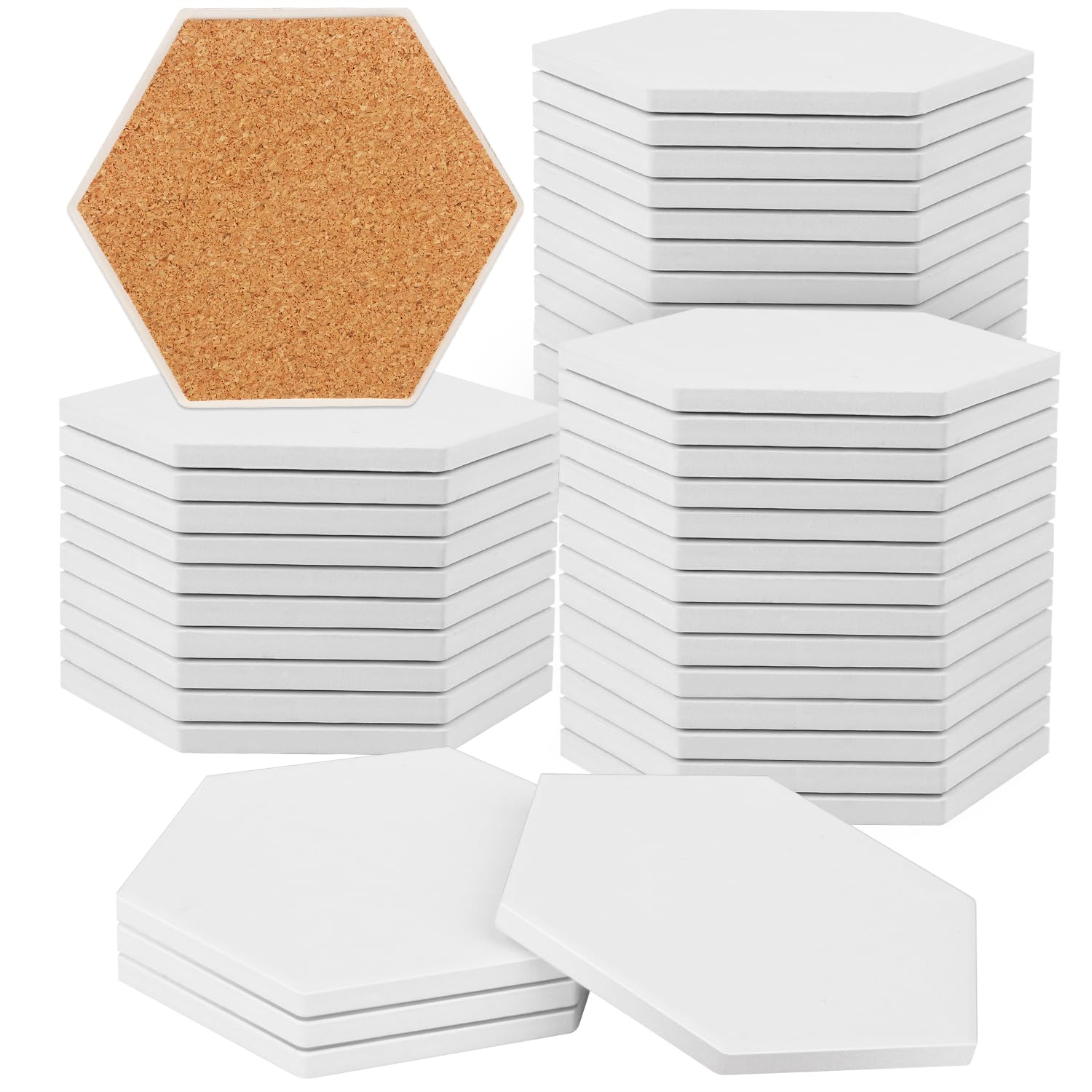50 Pieces 3.75 Inch Hexagon Blank Ceramic Coasters, Unglazed Ceramic Tiles Coasters, Ceramic Tiles with Cork Backing Pads for Painting, DIY Crafts, Mosaics, White.by GNIEMCKIN