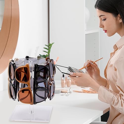 Vista 7 de QUPIVA Organizador de lentes de sol de acrílico, soporte giratorio de 360, estante de exhibición para escritorio, tocador y mesa