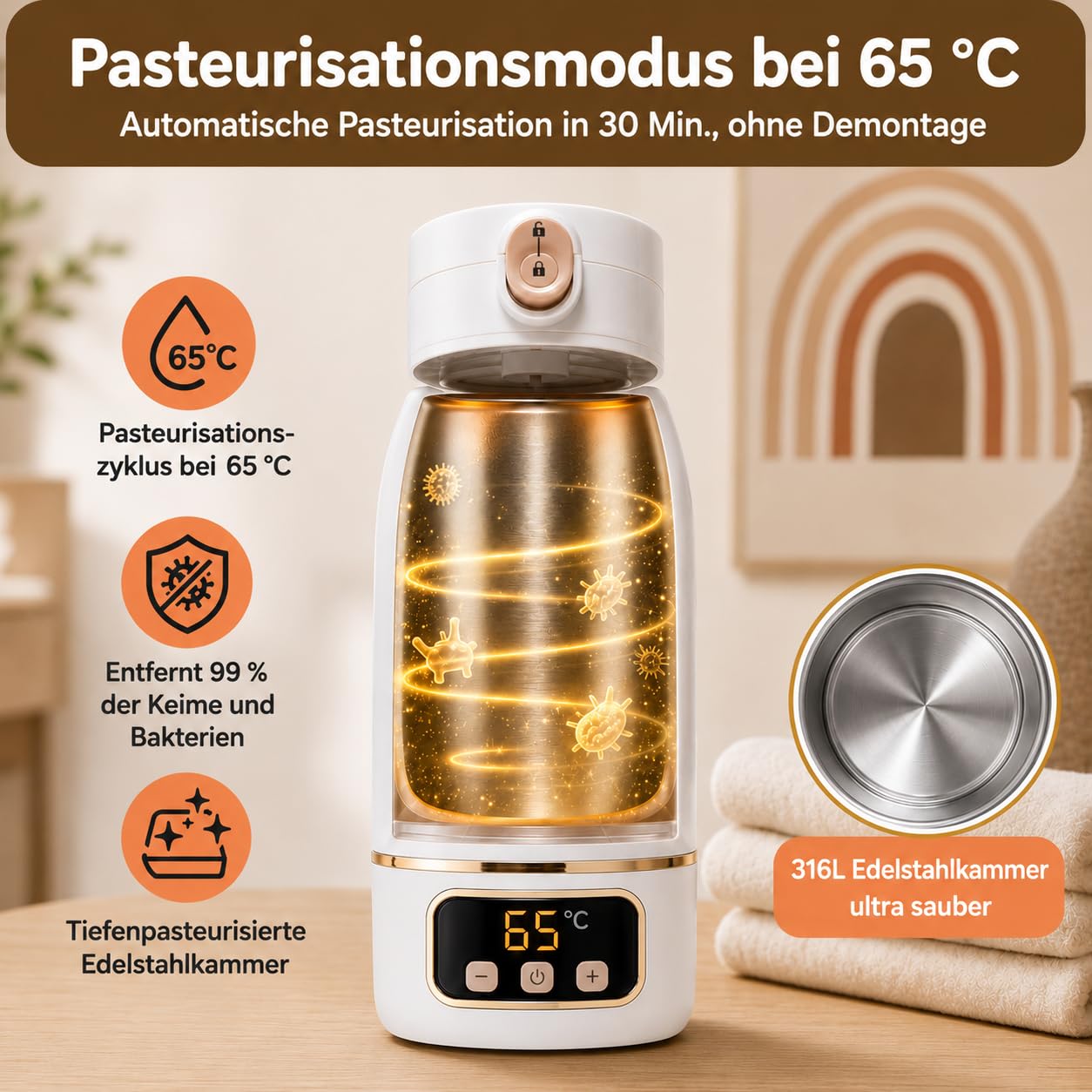 Flaschenwärmer Baby Unterwegs Tragbar Kabellos 500ml, Muttermilch & Wasser, Reise Auto Nacht, Silikonbürste Inklusive