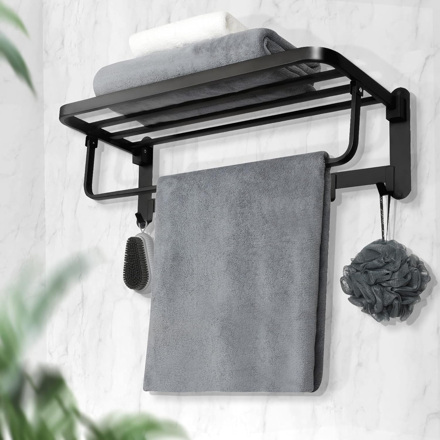 Porte-serviettes Mural Pliable Double Niveau En Aluminium Noir Mat - 58 Cm, Antirouille, Avec Crochets