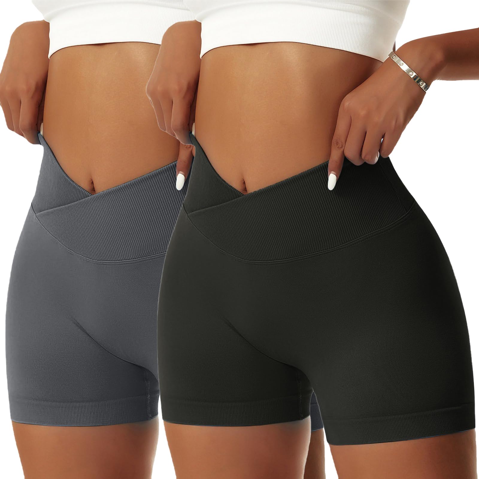 Vertvie2 Pack Workout Gym Shorts for Women High Waisted Booty V Cross Biker Shorts Scrunch Butt Athletic Yoga Shorts