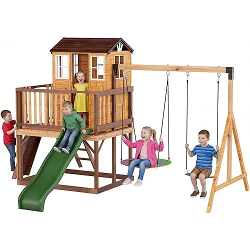Wooden Swing Set for Kids, 9 in 1 Outdoor Playset with Play Kitchen,Saucer Swing Seat, Belt Swing, Wave Slide, Rock Wall, Sandbox, Step Ladder, Door, Bell,for Backyard