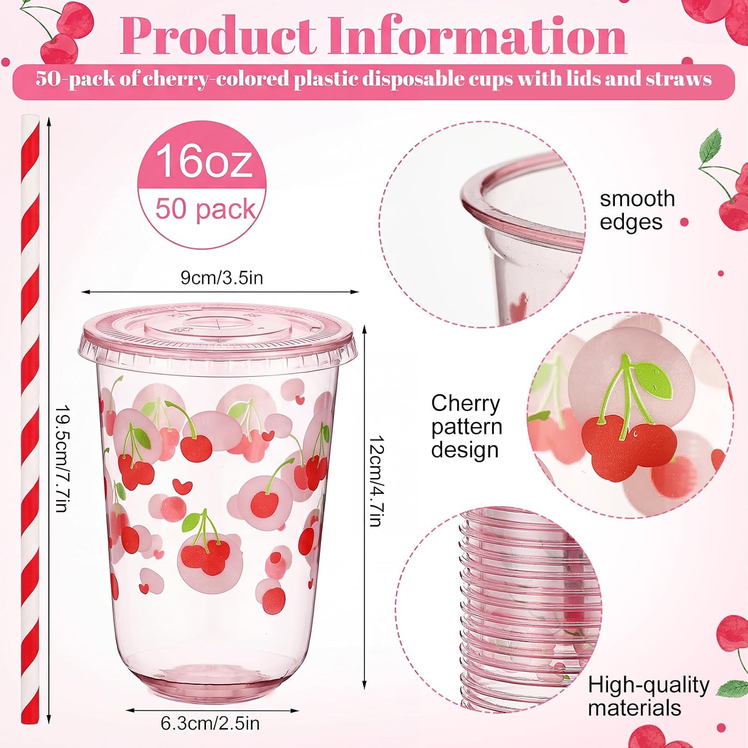 LemonRoad 50 Sets Cherry Clear Plastic Cups with Lids & Straws 16 oz Pink Party Tumblers for Iced Coffee, Smoothies, Juice & More Cute Disposable Pet Mugs for Birthdays & Gatherings image 2