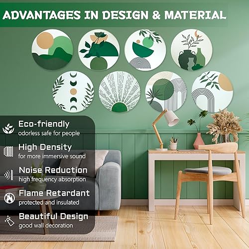 Miniatura 3 de Paquete de 8 paneles acústicos bohemios, redondos autoadhesivos de 14 x 14 x 0.4 pulgadas, paneles de pared insonorizados, decoración bohemia