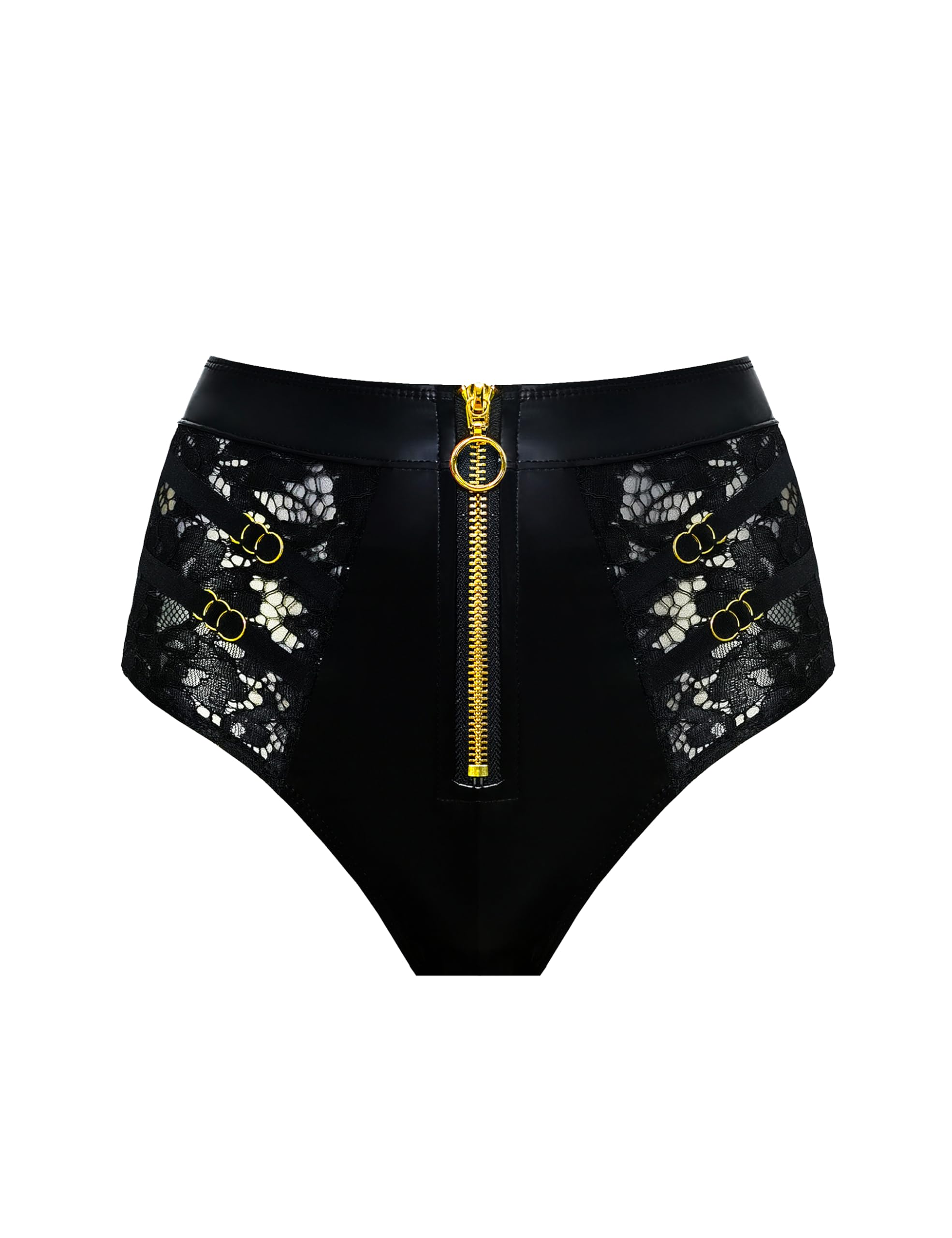 LOVE YOU SEXY Damen Kunstleder und SeitenHohle Spitze Höhe Taille Unterhosen mit Reißverschluss, Schwarz Unterhosen, Klein