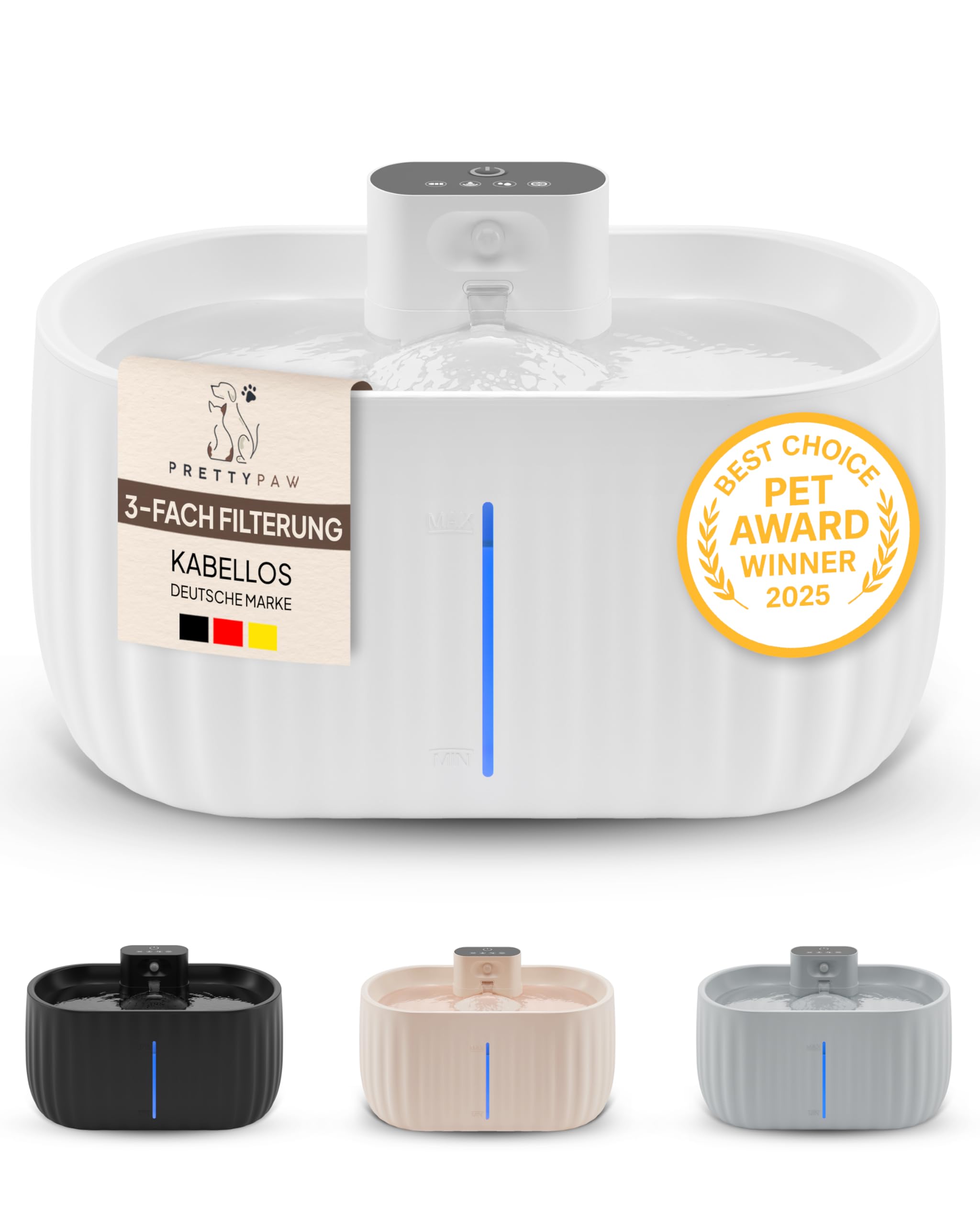 Pretty Paw Katzenbrunnen Kabellos mit Bewegungsmelder - Trinkbrunnen für Katze mit 45 Tagen Akku - Wasserbrunnen für Katzen mit Filter & 3 Liter Wassertank - Aqua Sense (Weiß)