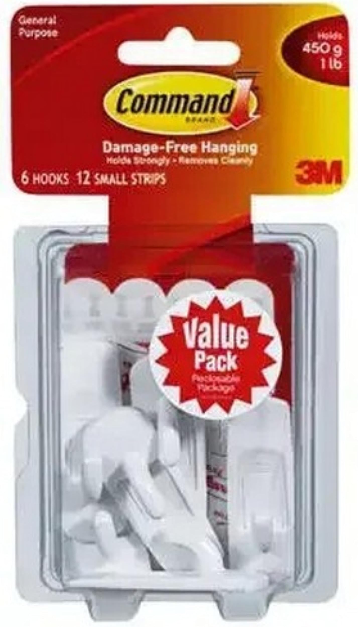 1 Lb Capacity Plastic Utility Hooks for Indoor Use (17002-6ES), Pack of ( 6 Hooks, 12 Strips) , White