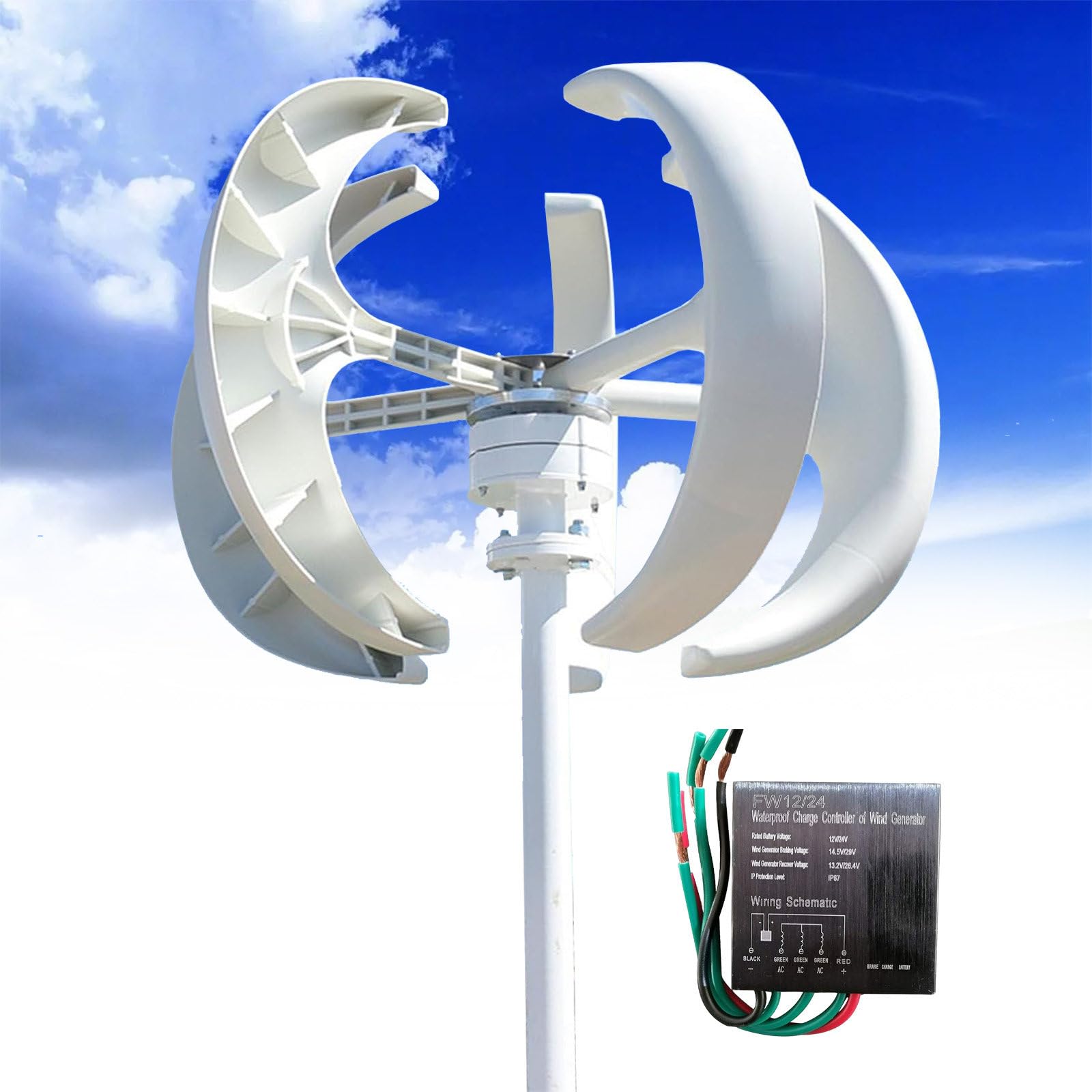 Turbina Eolica Verticale 12000W 12V/24V/48V 5 Pale Generatore Eolico Trifase AC Generatore a Magnete Permanente per Eolica Solare Ibrido,12V