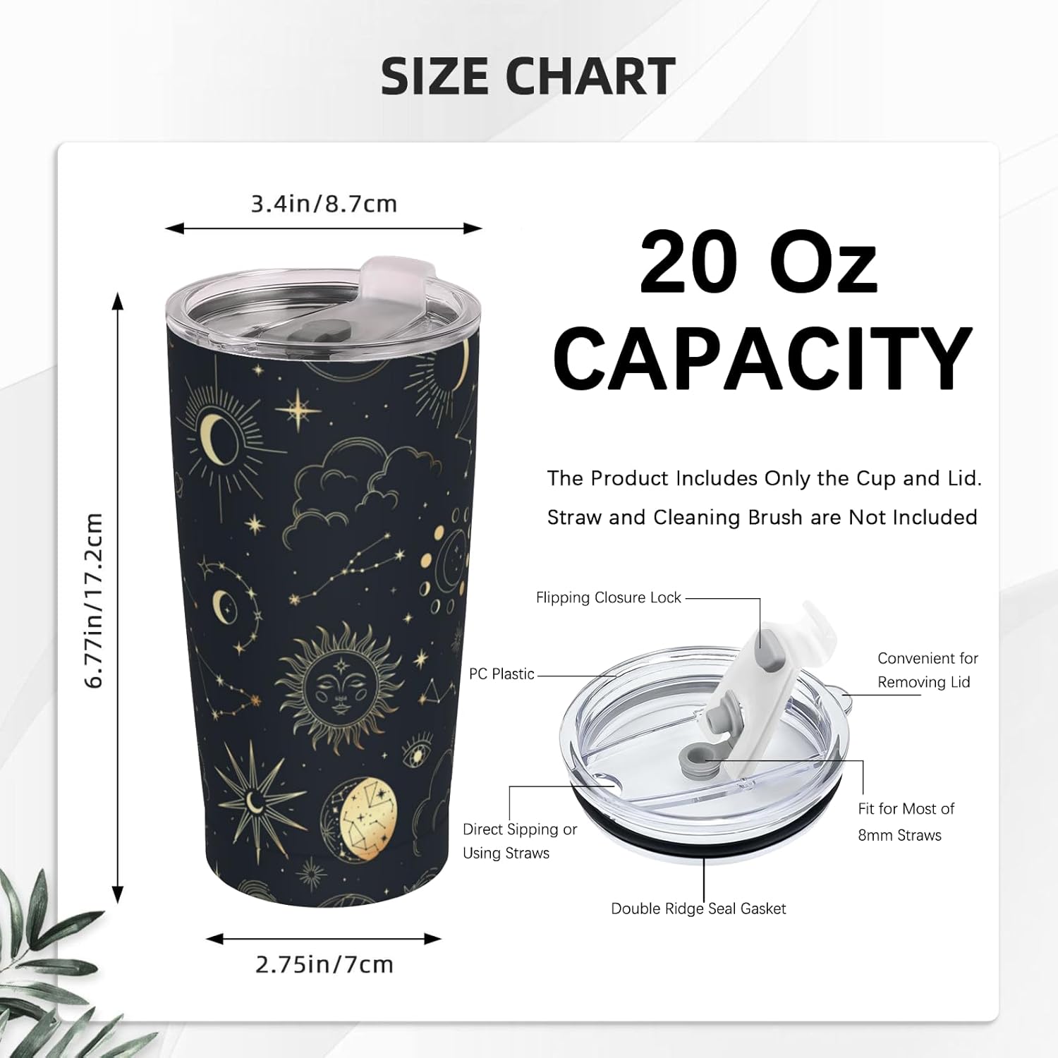 Sun and Moon Goth Stainless Steel Tumbler 20 Oz, Magic Eyes Astrolabe Thermal Vacuum Insulated Travel Mug with Lid - Holiday, Birthday & Christmas Gift for Men, Women, Friend, Sister, BFF - Image 3